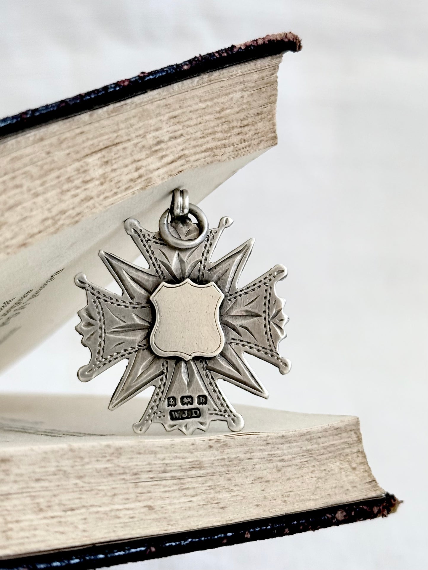 .1901 .925 antique Maltese Cross form Birmingham hallmarked English solid silver hand engraved fob medallion pendant