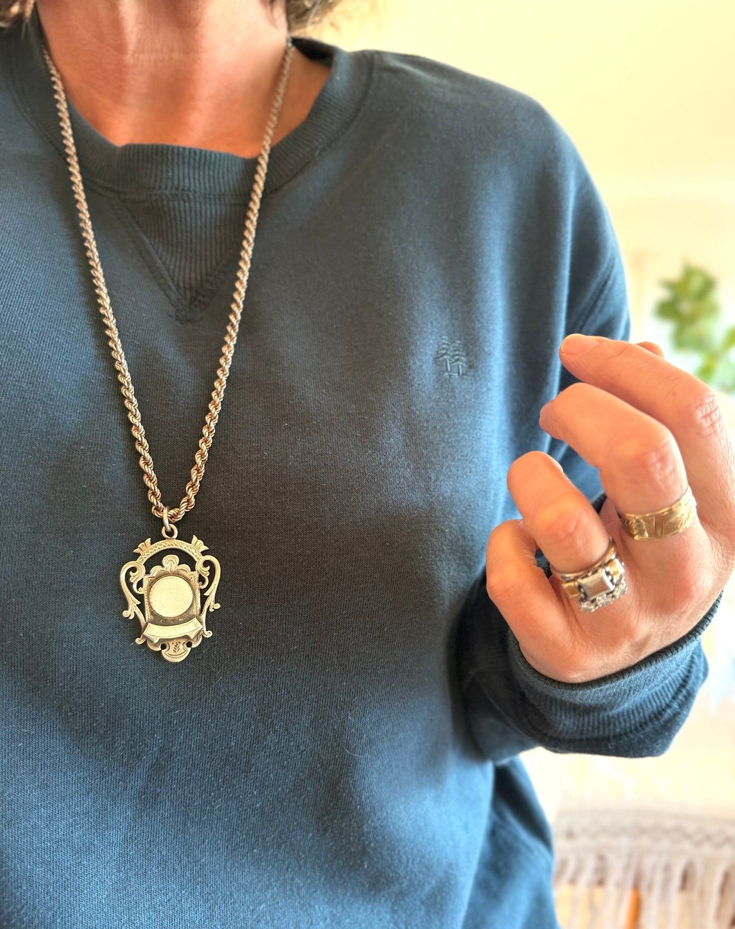 .1901 .925 antique beautiful open fret sterling silver fob medallion on 71cm long retro chunky rope chain necklace