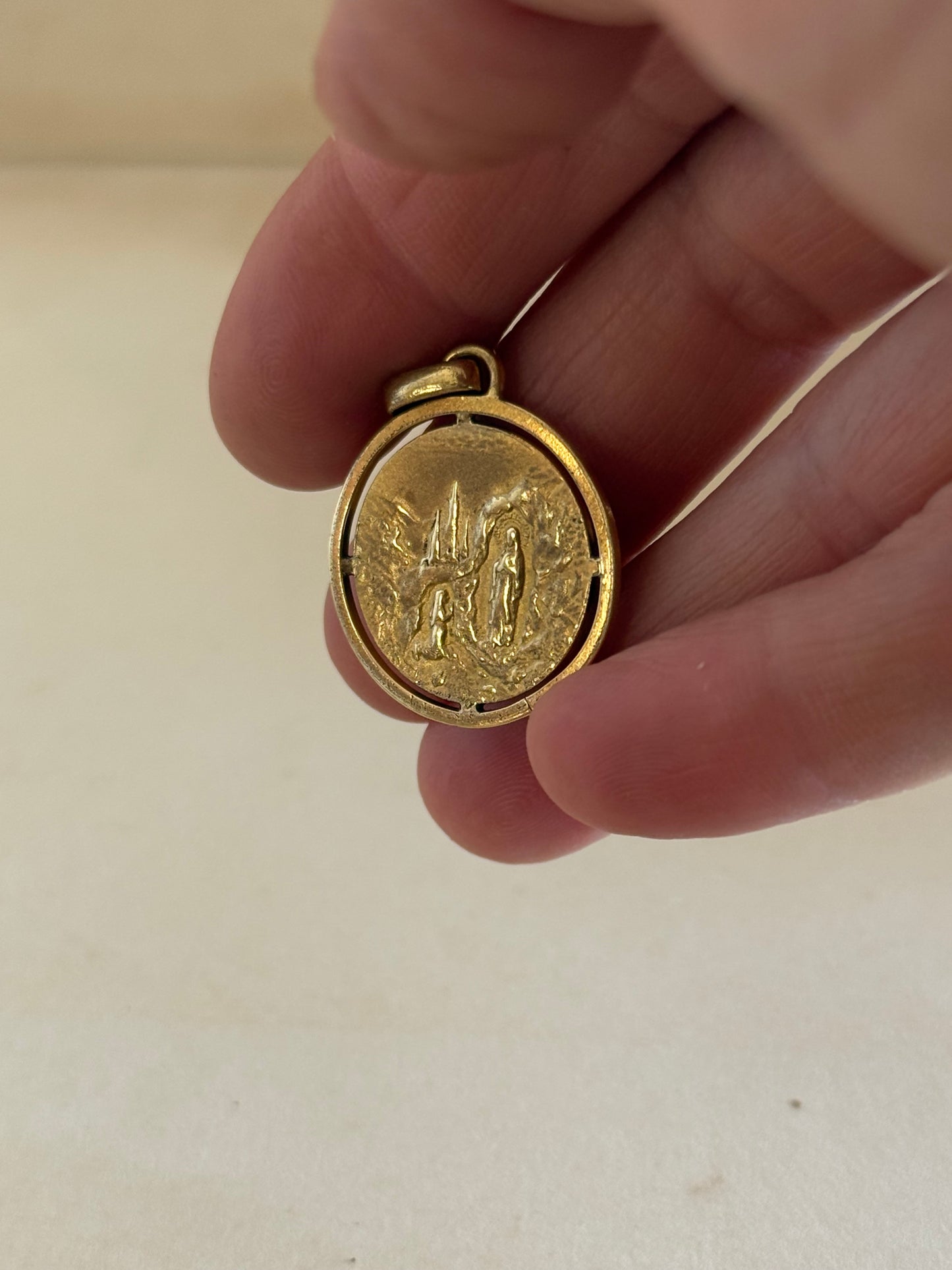 1900s .1930s Gold Fill Religious Holy Virgin Mother Maria French Lourdes Roman Catholic signed medallion token pendant
