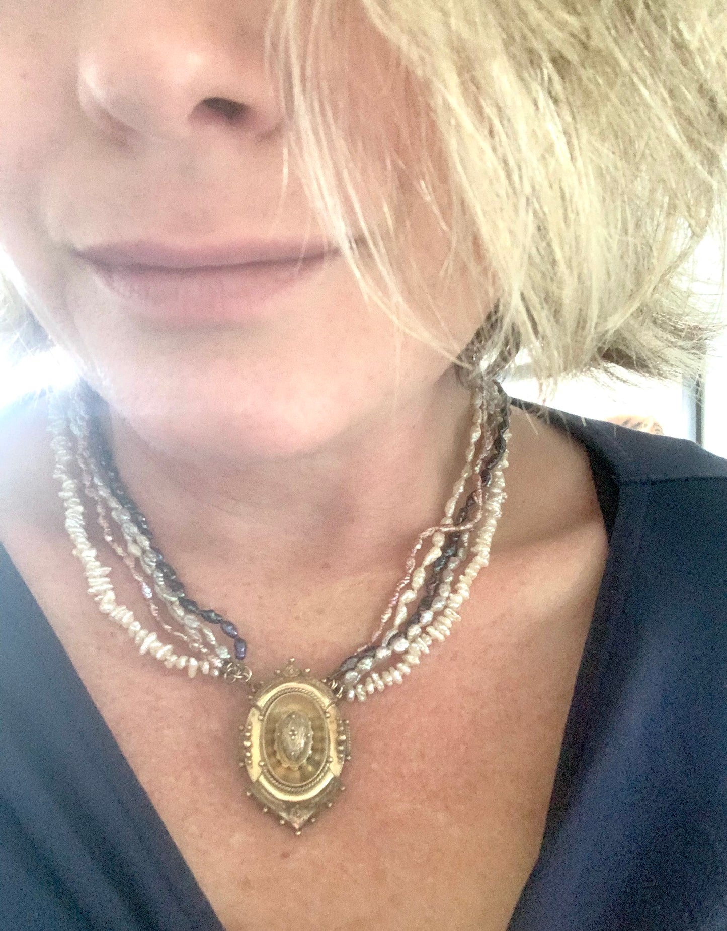 1800s 9ct gold Antique Etruscan revival Victorian yellow gold high detailed ornate oval pendant on dreamy shell coloured multi string 5 x string fresh water rice pearl necklace