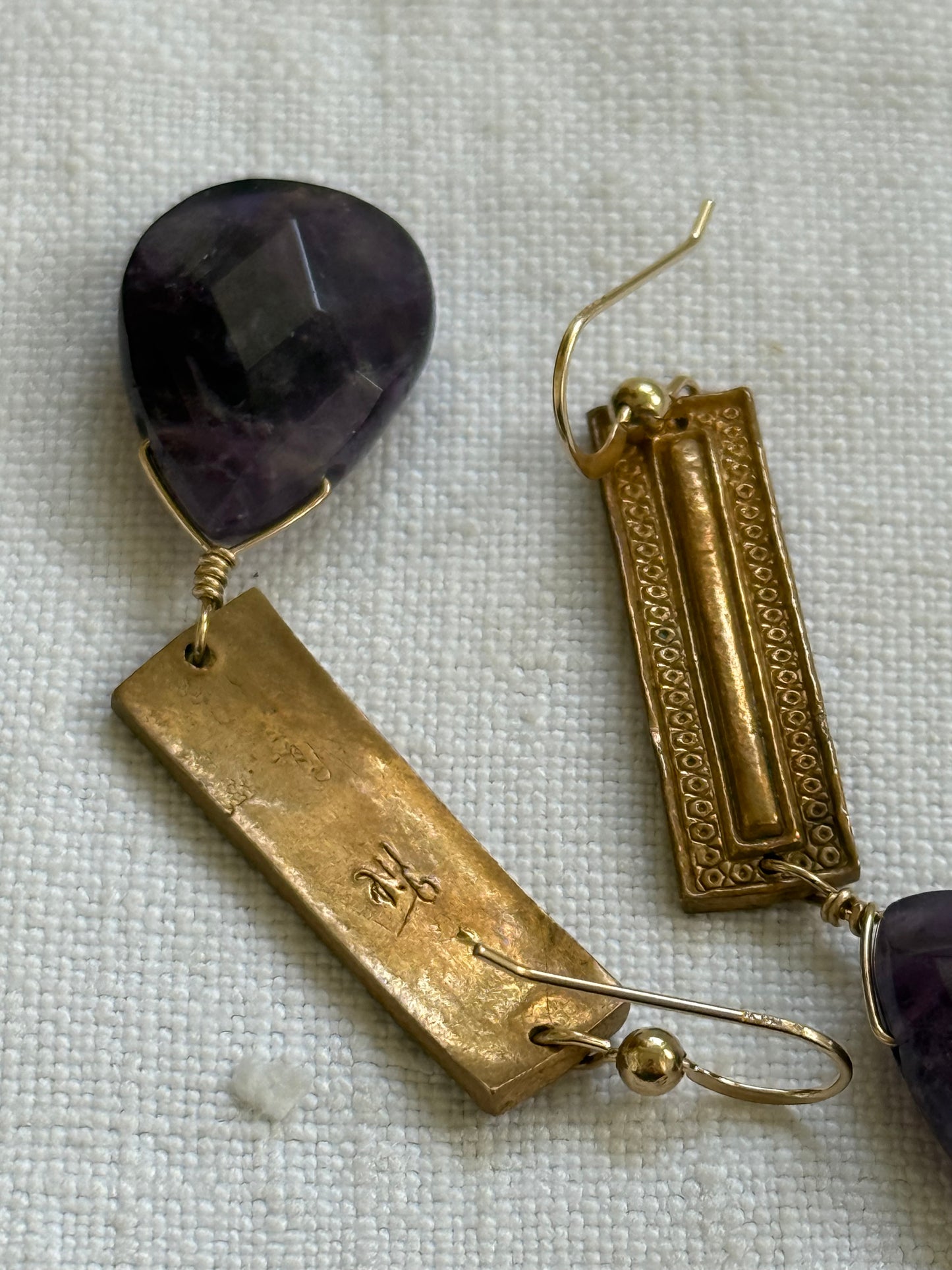 .14k gold Amethyst gemstone Briolette teardrop gold plated artisan made boho drop dangle earrings