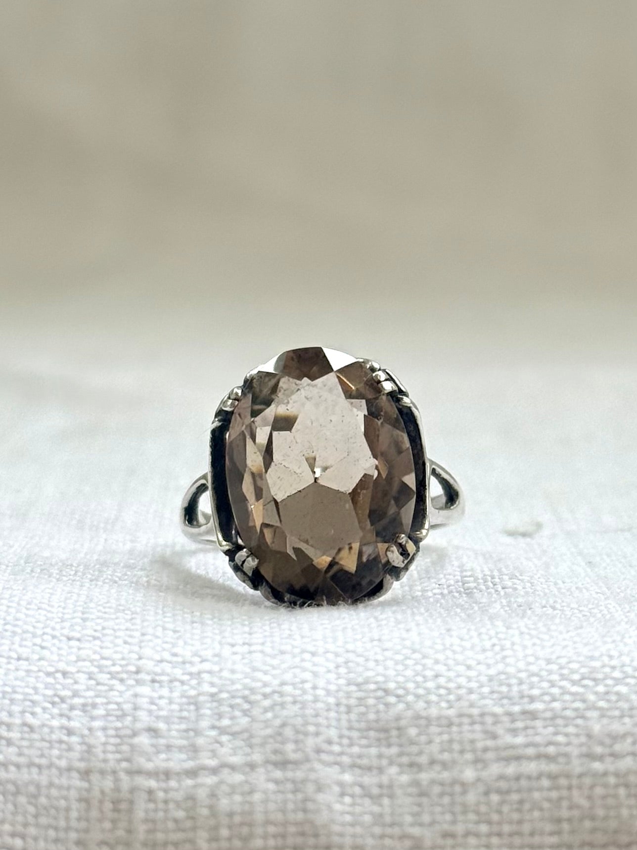 .1960s .925 magnificent large Smoky Quartz gemstone Mid Century Modern grey brown moody faceted gemstone retro Modernist sterling silver cocktail ring