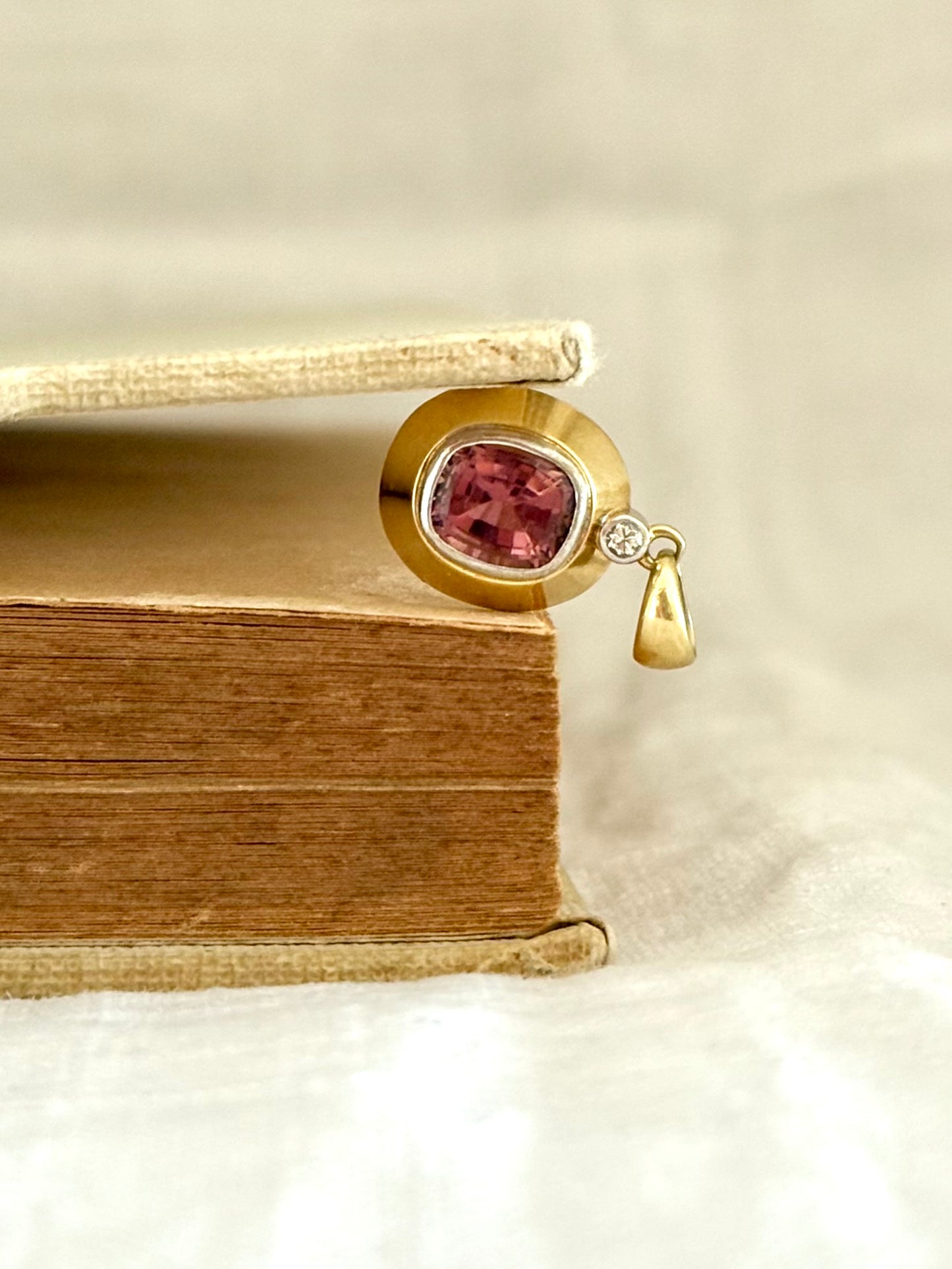 .18ct diamond and Pink Tourmaline modernist form high carat yellow gold luxury gemstone pendant