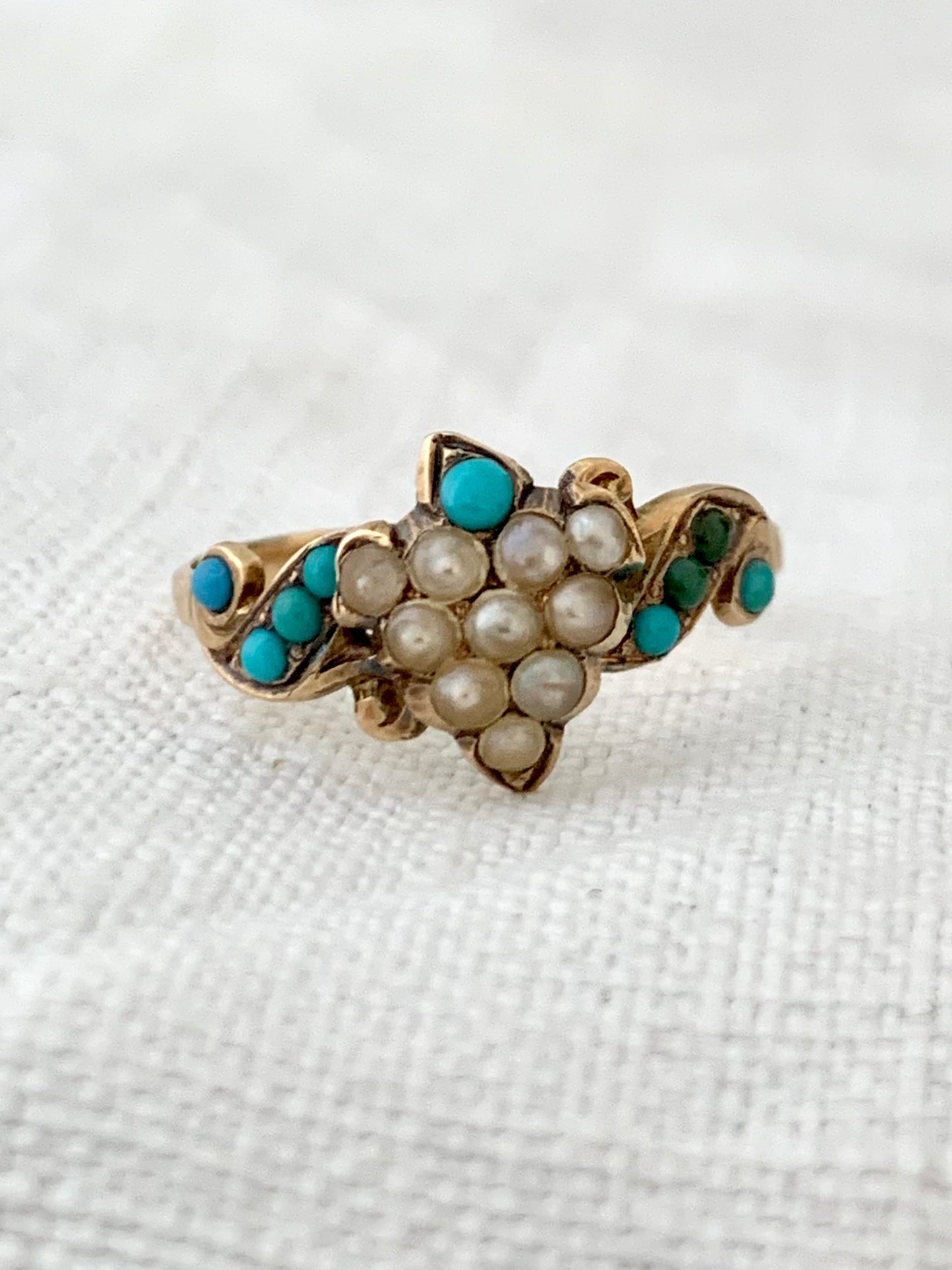 .1890s .1900s .375 .9ct antique buttery gold turquoise seed pearl grecian grape leaf Victorian gold sweetheart symbolic memory treasure ring