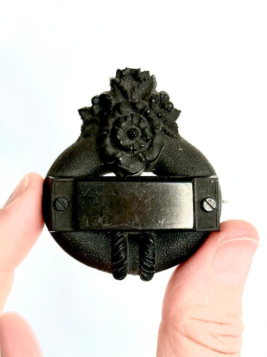 .1860s .1890s antique Bog Oak Victorian floral and garter historic Mourning brooch