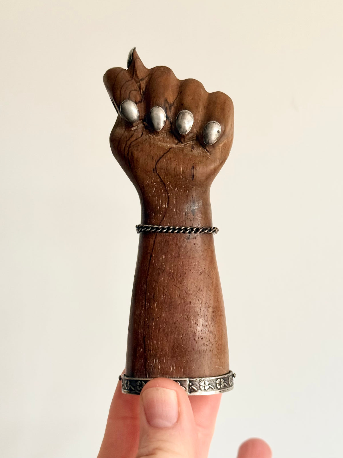 .1950s .900 Brazilian silver hand sculpted large artisan made wooden figa fist lucky token good luck talisman statue