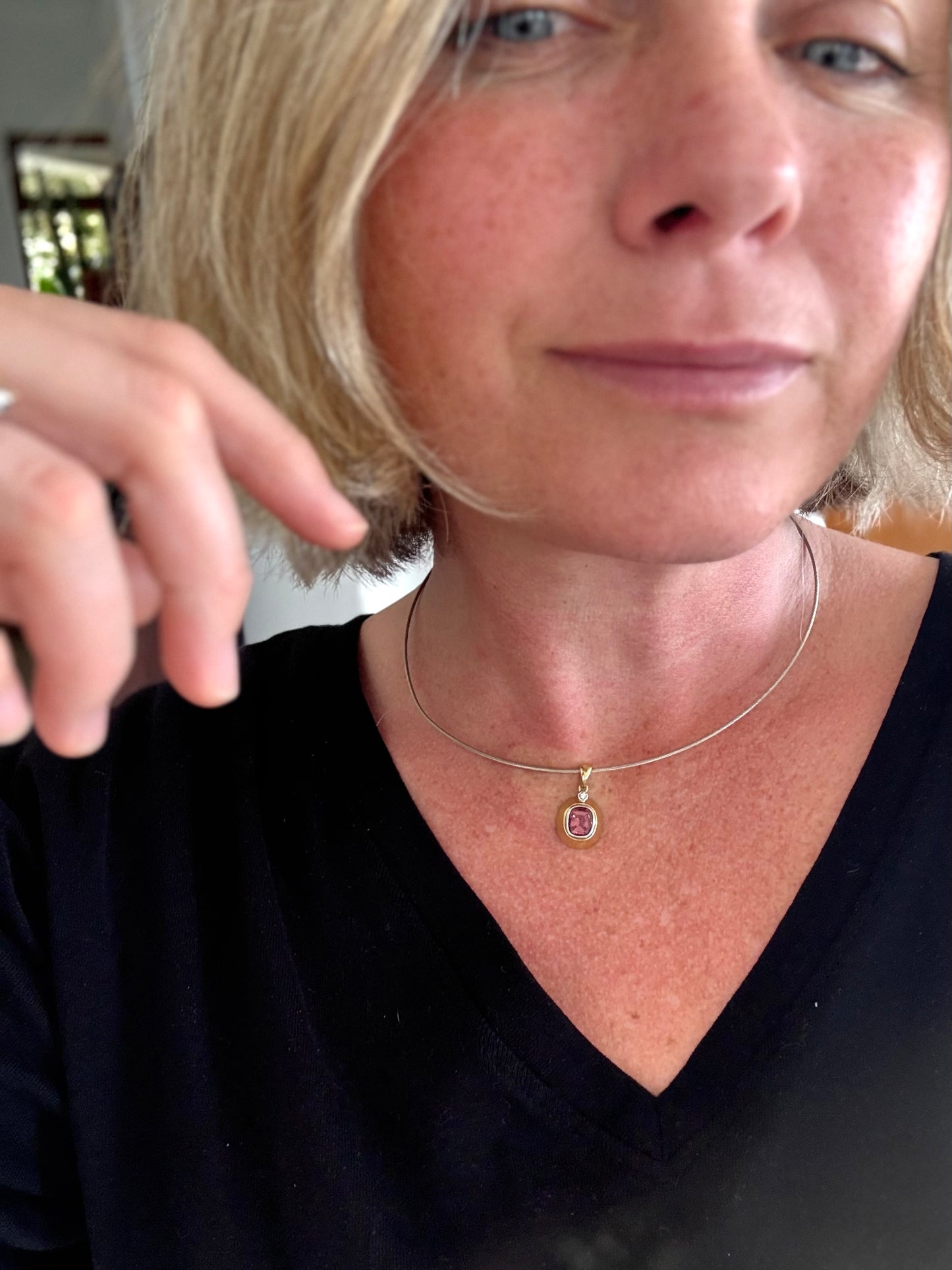 .18ct diamond and Pink Tourmaline modernist form high carat yellow gold luxury gemstone pendant