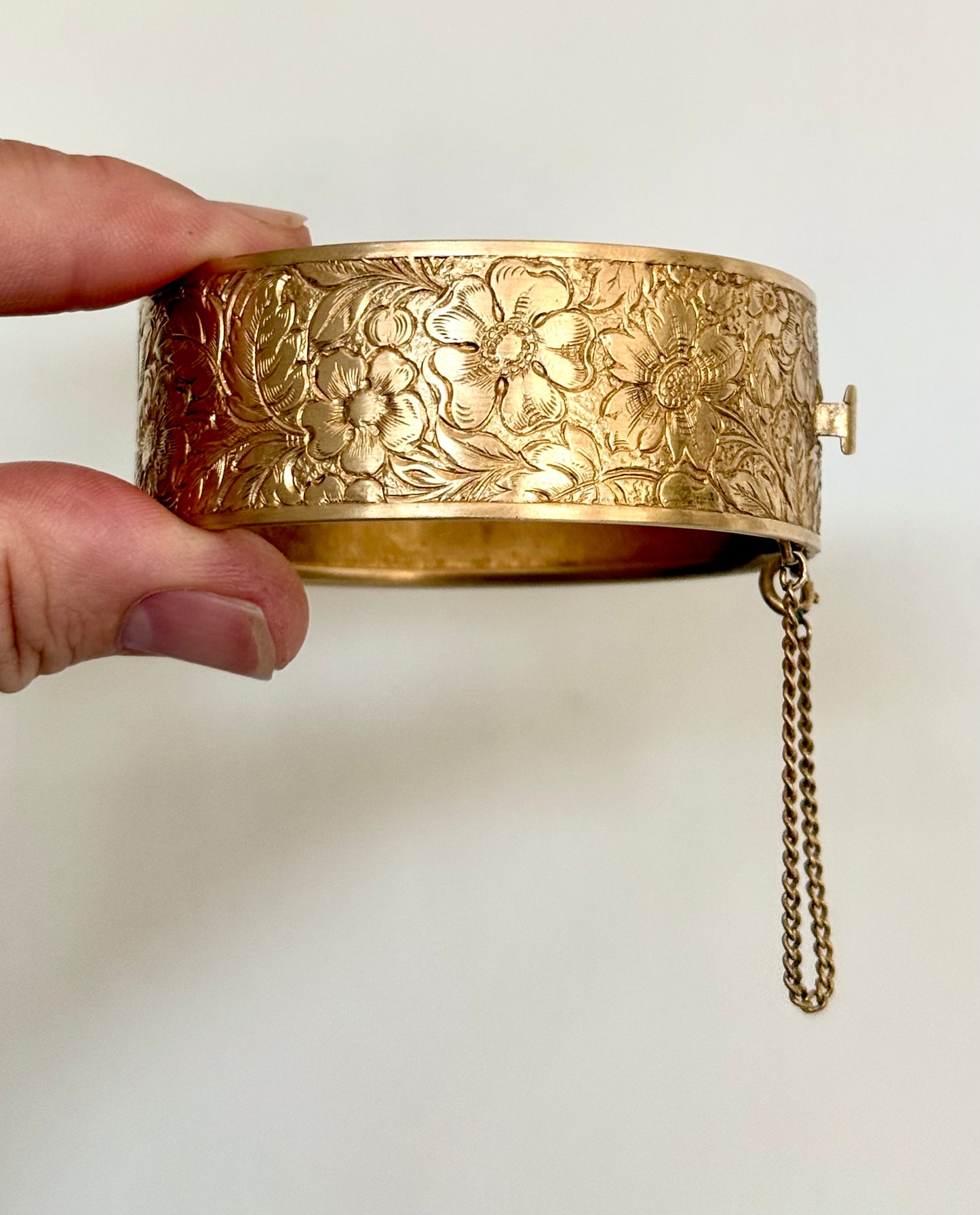 .1900s .1940s Victorian revival Dog Rose floral flower hand engraved gold plated brass romantic clasp bangle