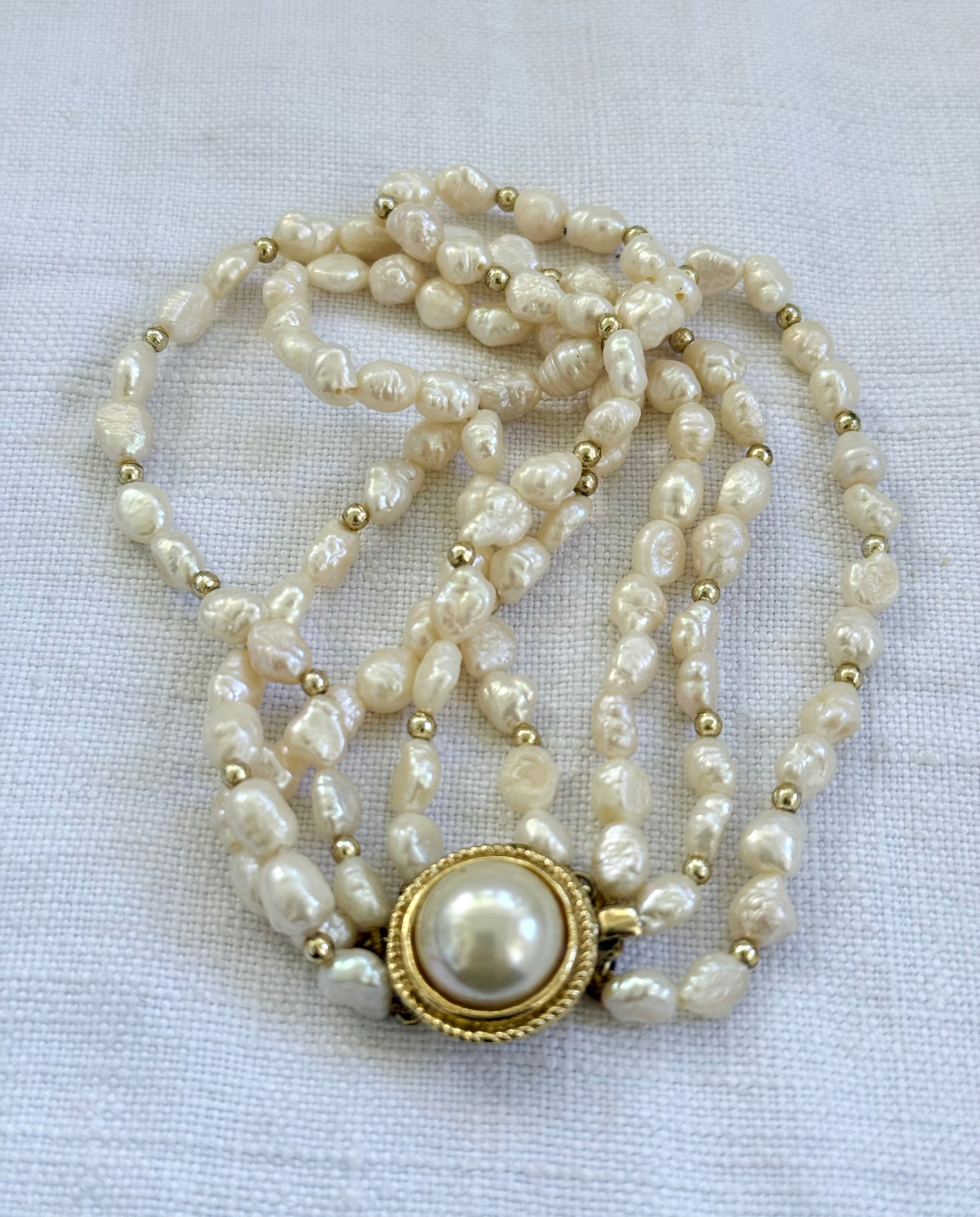 .4 strand .925 silver Gold Plated freshwater rice pearl multi strand vintage 1970s style pearl bracelet