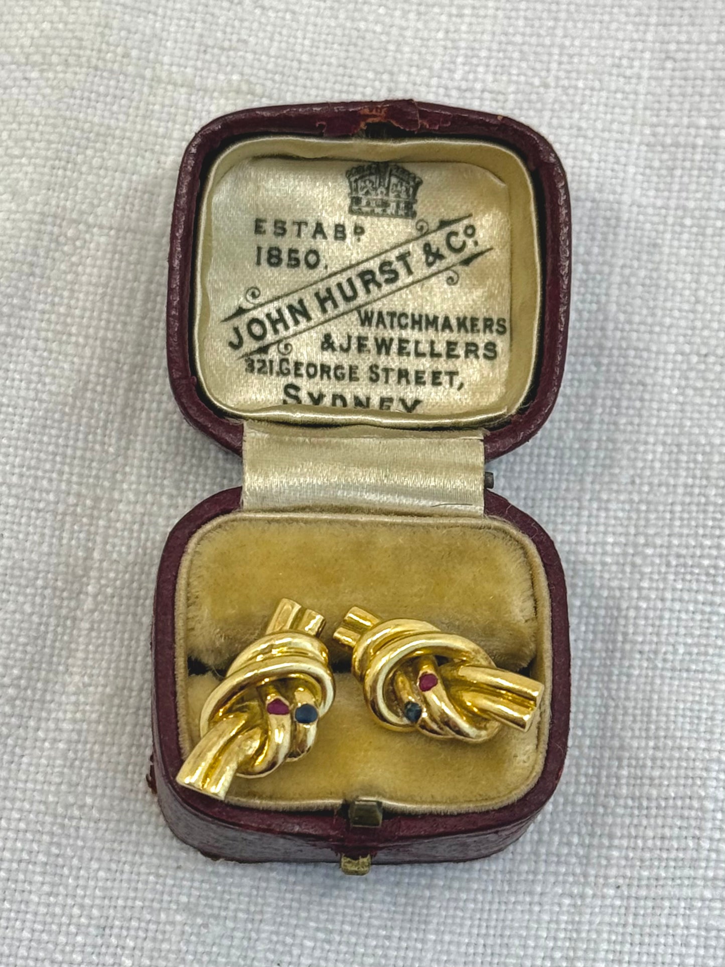 .18ct .750 artisan Brazilian made 18ct heirloom high carat yellow gold sapphire and ruby lovers knot luxury post stud push in earrings