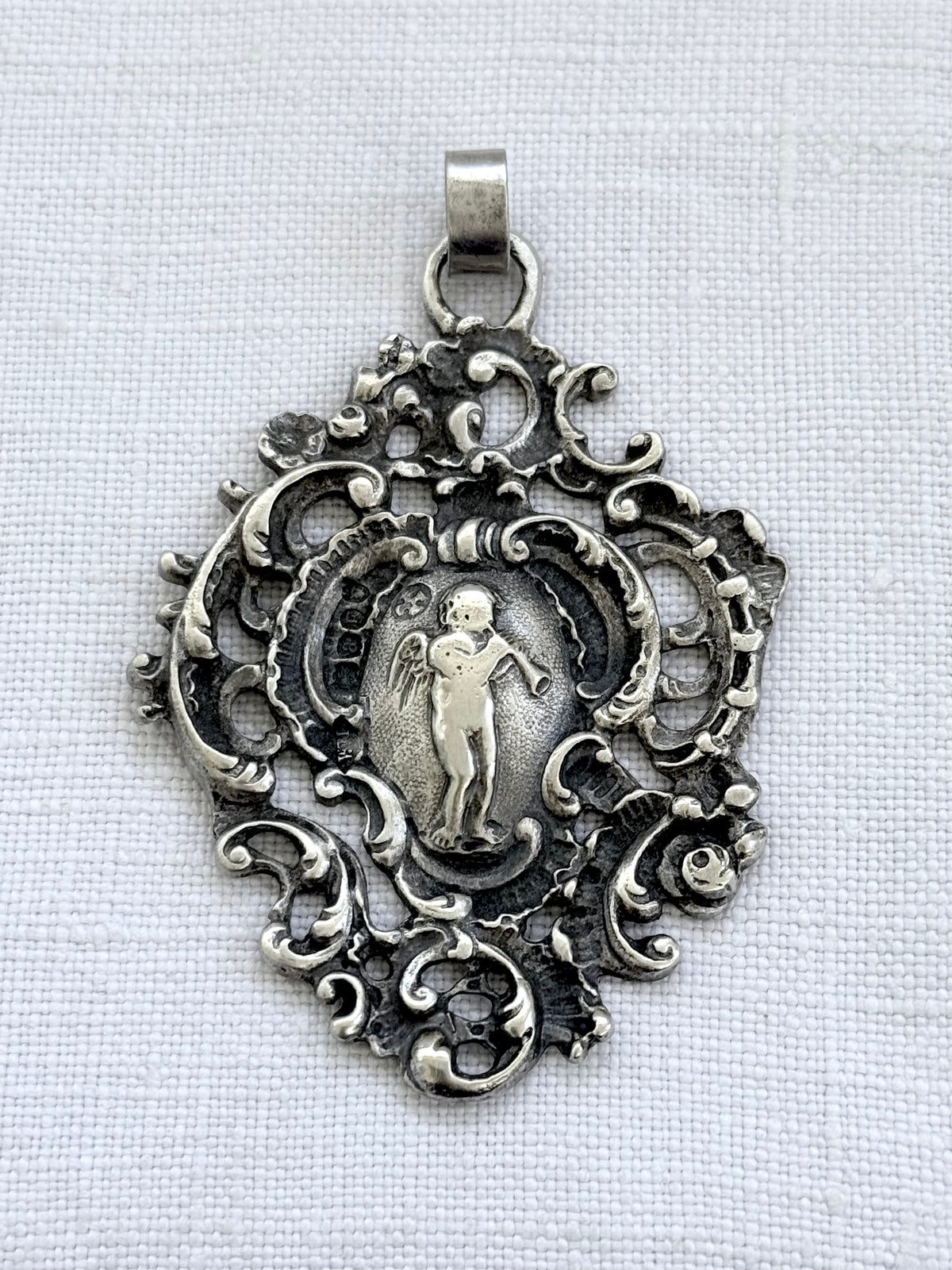 .1896 .925 antique Baroque revival right facing angel trumpet playing cherub filigree large sterling silver Victorian hallmarked silver pendant