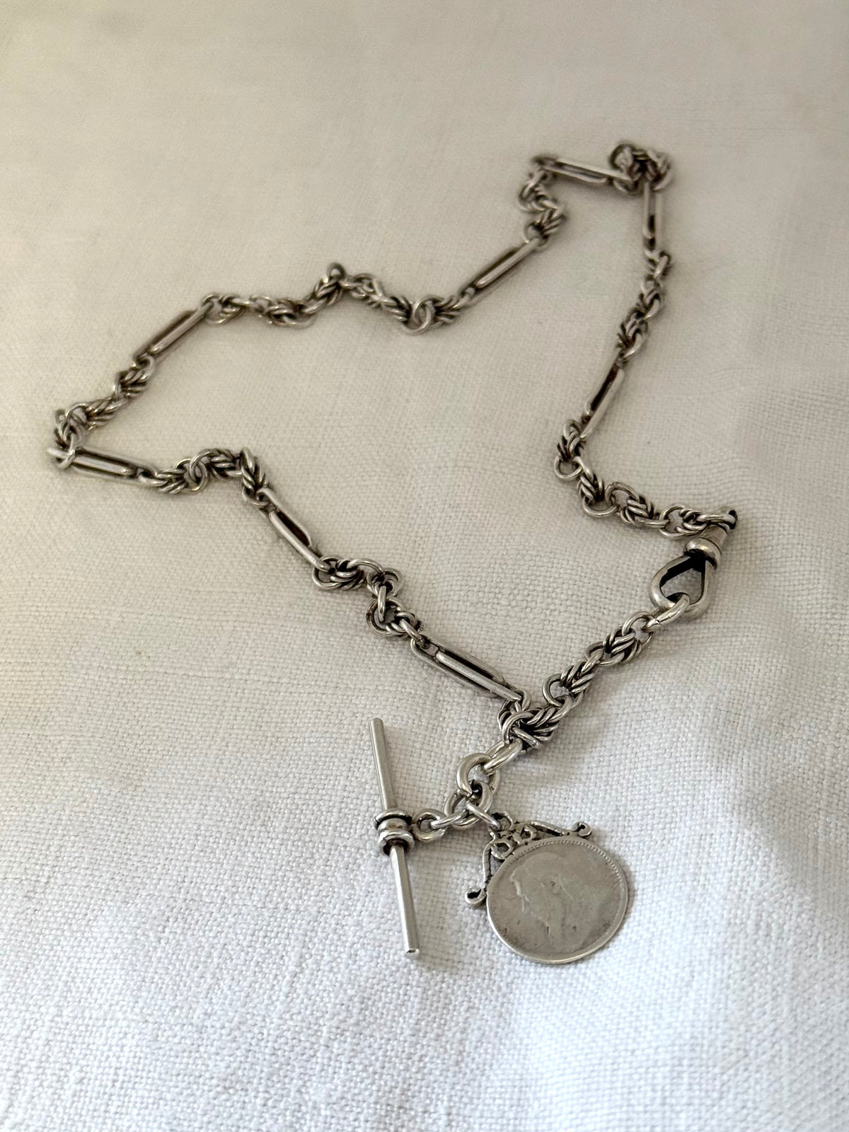 .1888 .1897 .925 antique solid silver fancy Albert fob chain Lovers Knot Trumpet link Paper clip link hallmarked sterling silver Victorian era double love knot watch chain necklace