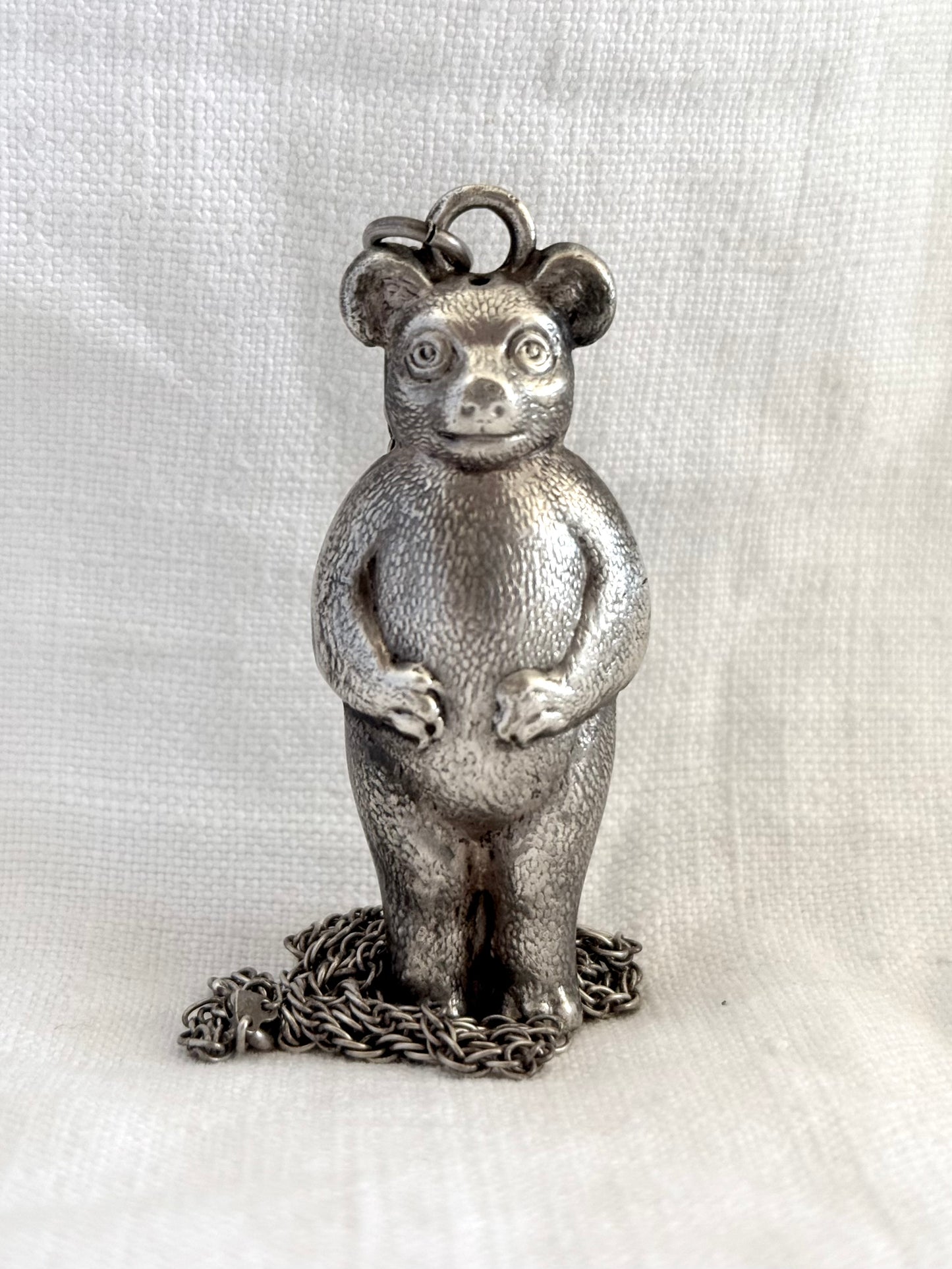 .1910s .1920s Art Nouveau figural collectors bear rattle baby rattle pendant on long silver chain