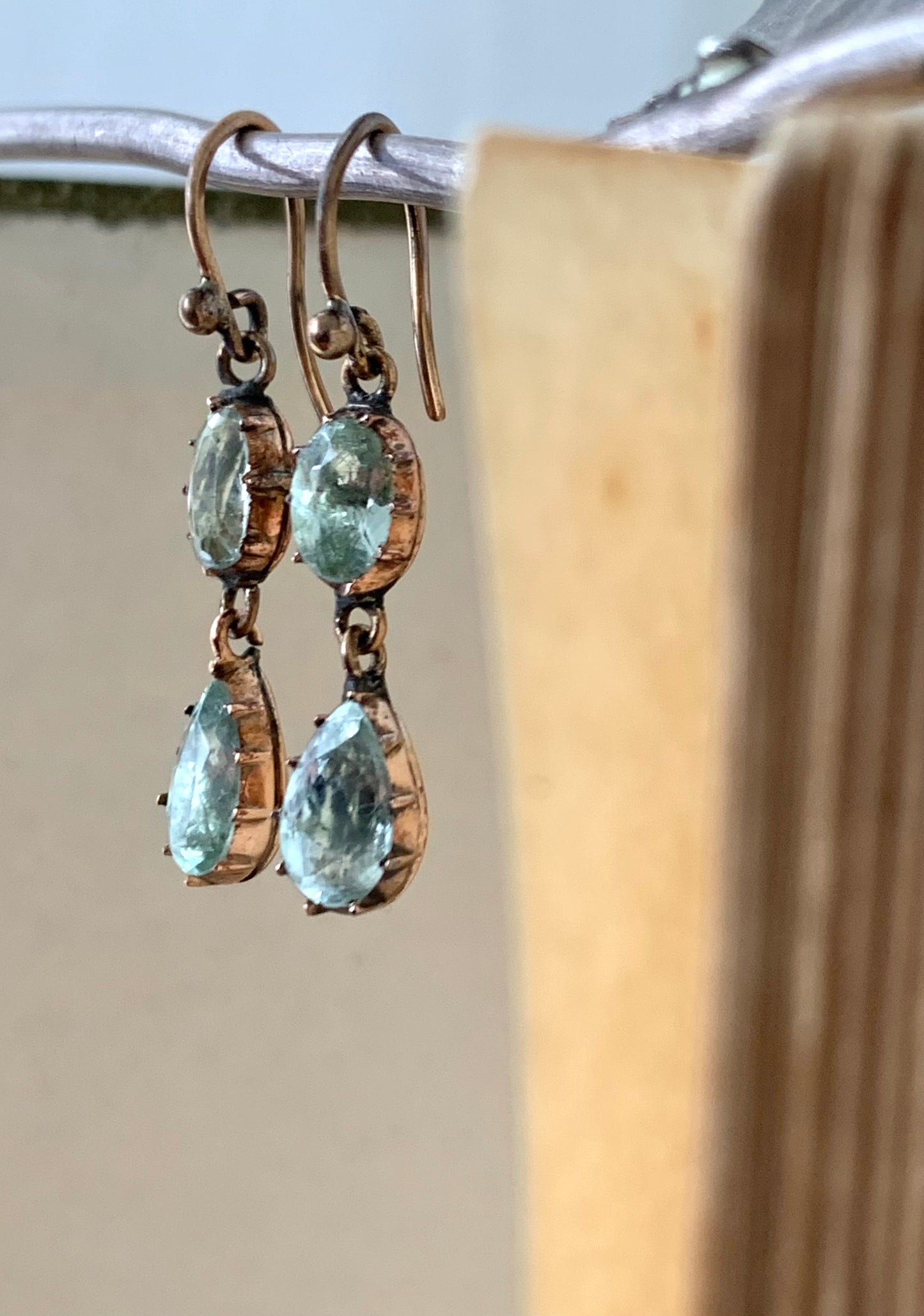 .375 1810s 1820s Aquamarine fine antique early Georgian foiled mine cut true antique dangle rose gold aquamarine gemstones 9k gold drop earrings