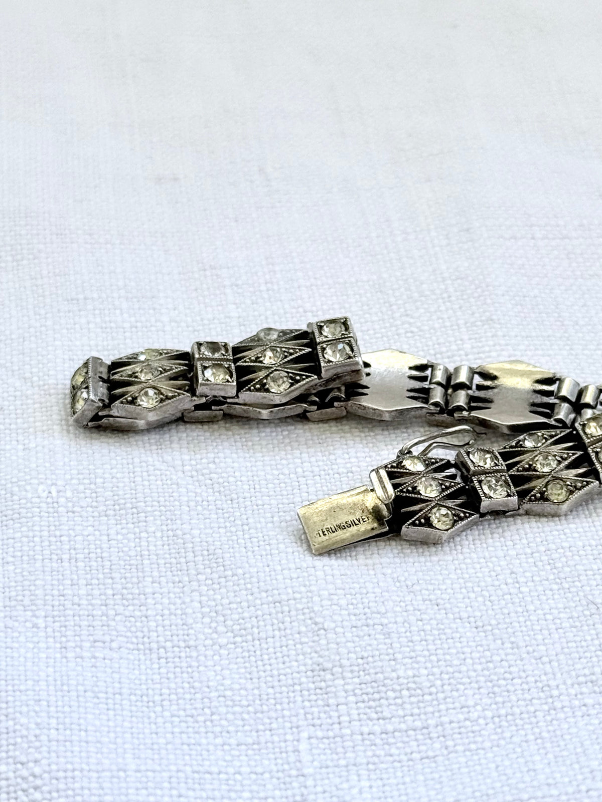 .1930s .1940s .925 Art Deco style diamond paste stone triple fancy link tennis style sterling silver tennis clasp bracelet