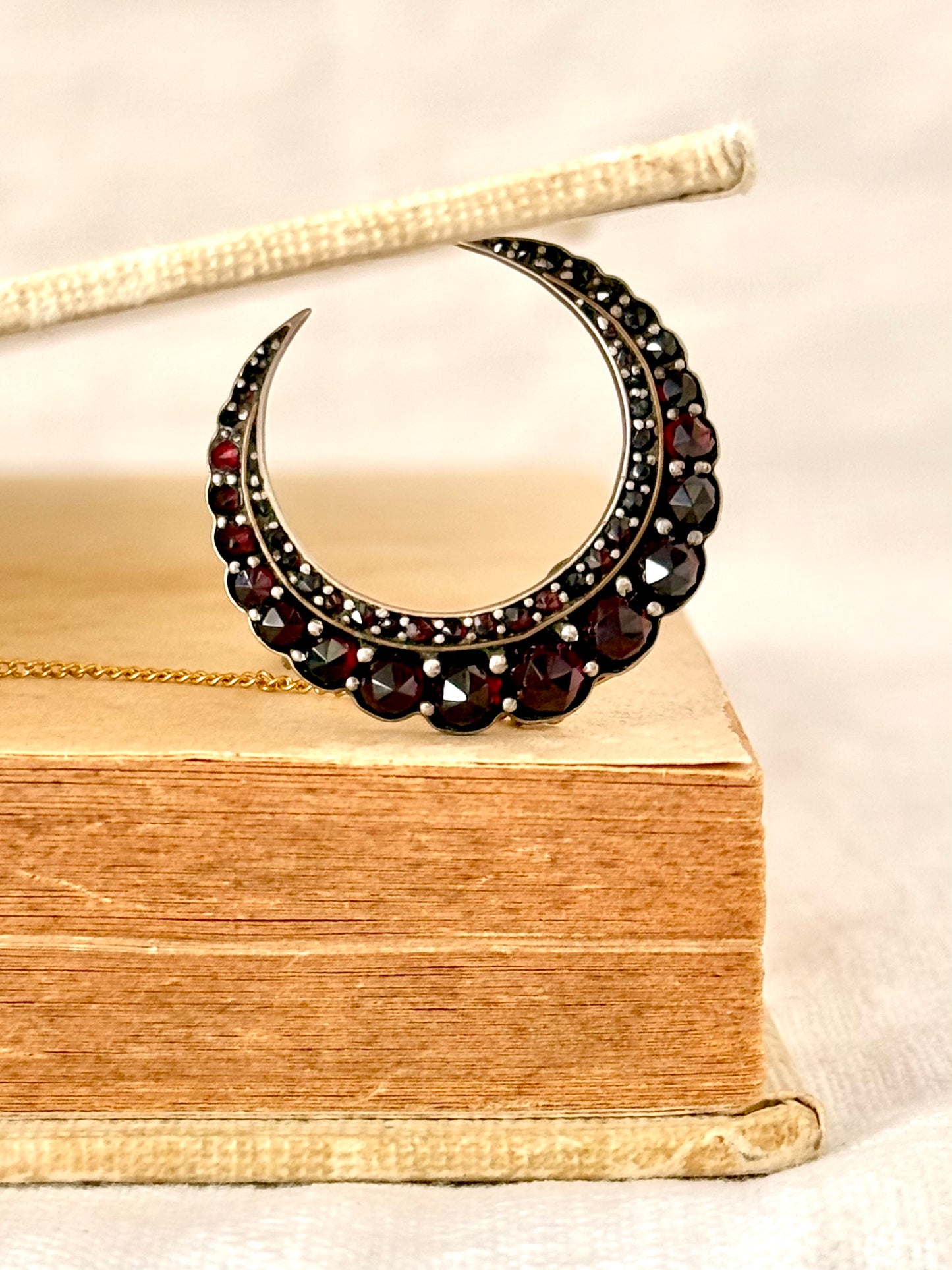 .1880s .1890s antique fine Bohemian Garnet gemstone set crescent celestial moon collectors silver gold brooch