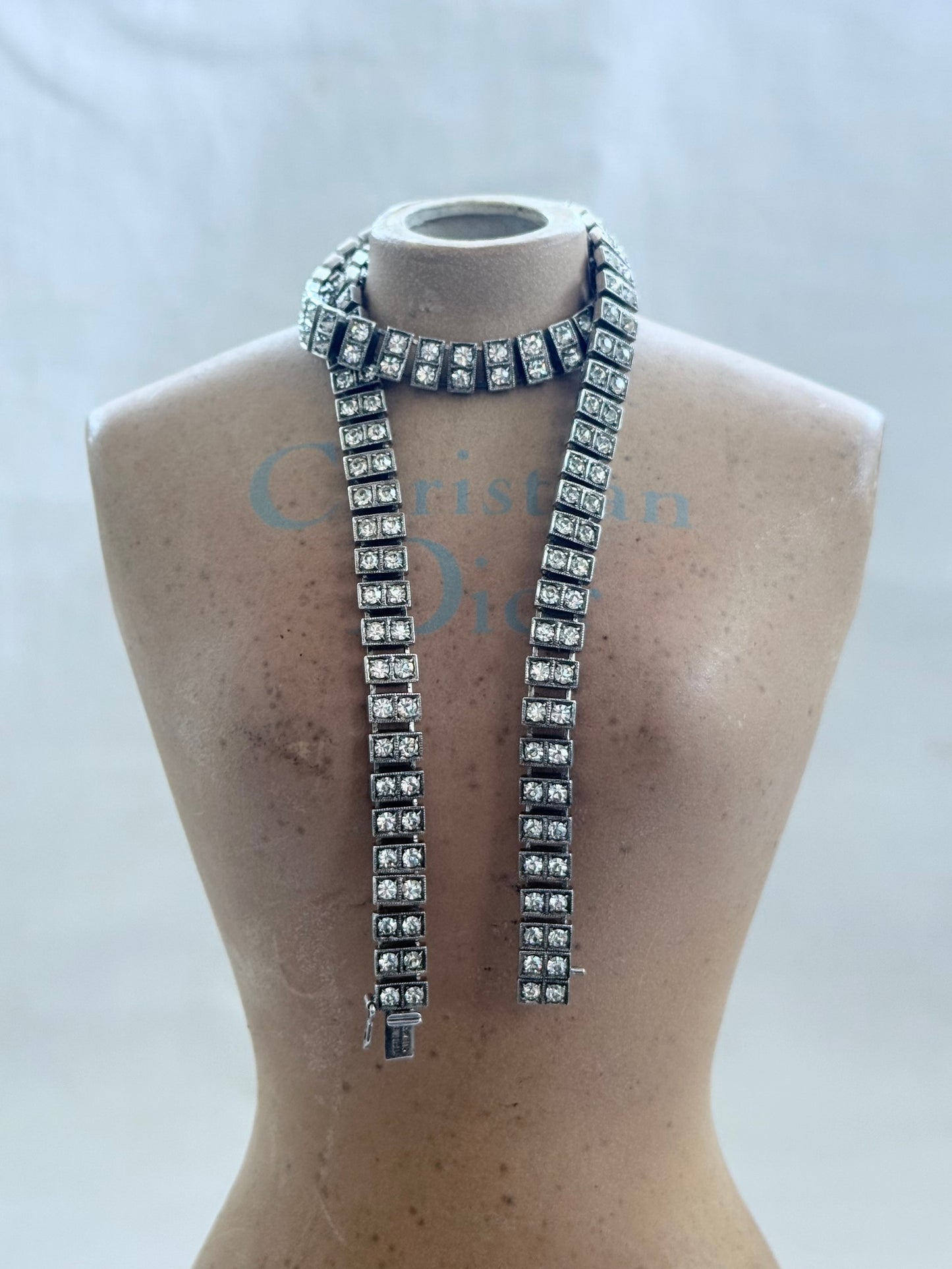 .1930s .1940s .925 Art Deco style double paste stone tennis style sterling silver choker necklace