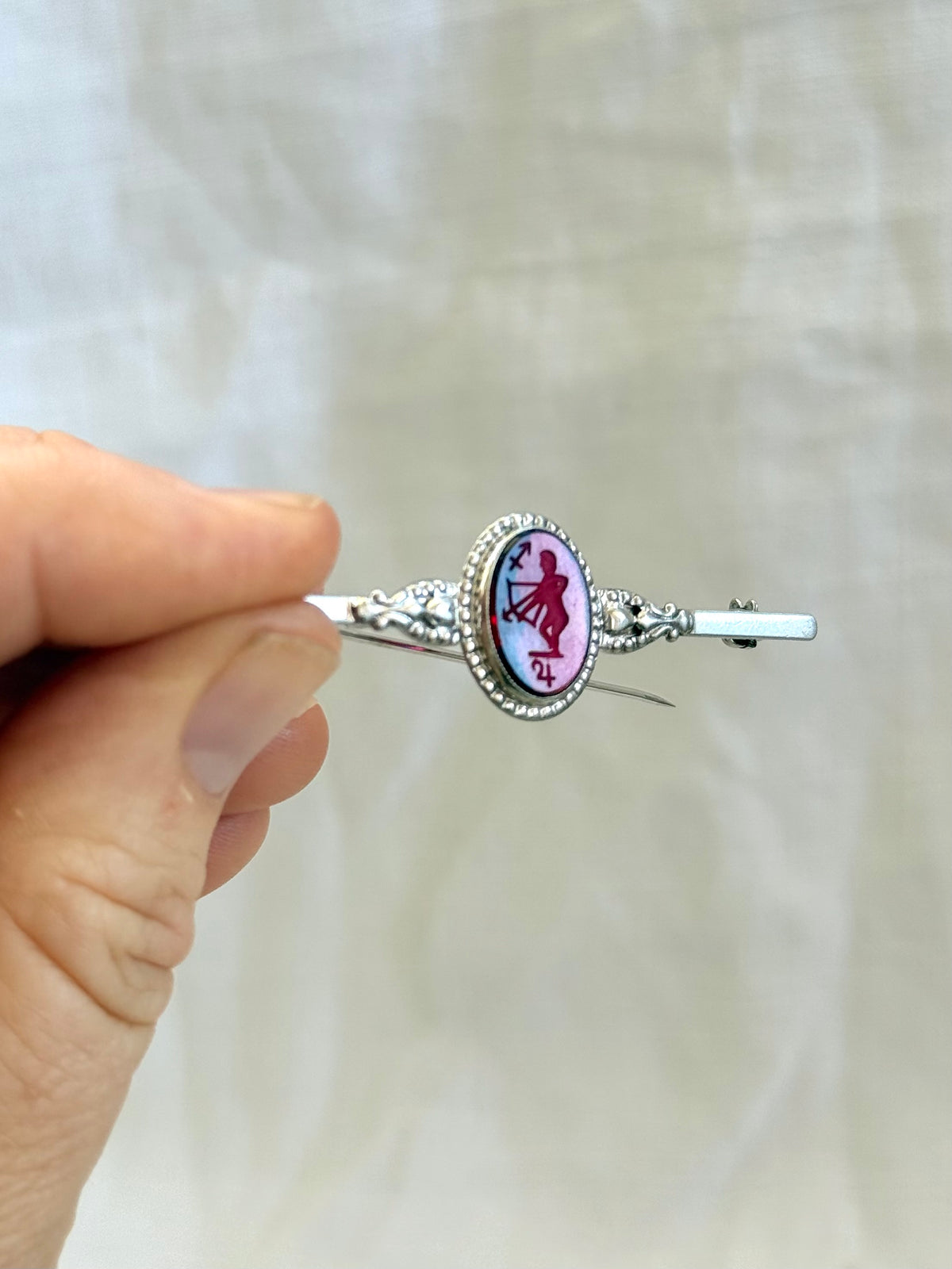 .1920s .925 Art Deco revival 1940s Zodiac Sagittarius reverse crystal glass intaglio sterling silver bar brooch