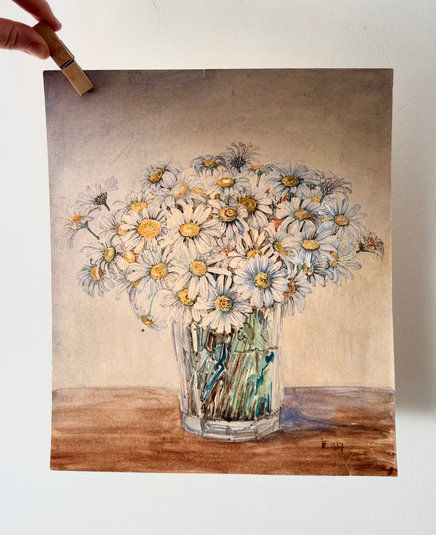 .1937 artist signed watercolour still life Daisies artwork art