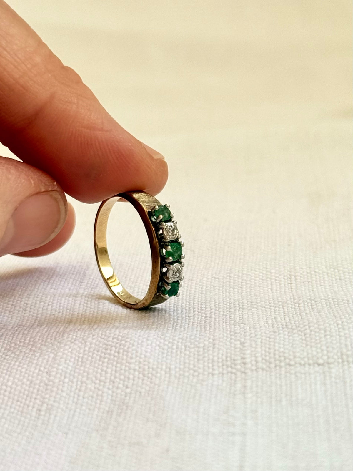 14k .1960s .1970s 3 Emeralds 2 Diamonds 5 precious gemstones high carat modernist brutalist half eternity ring band