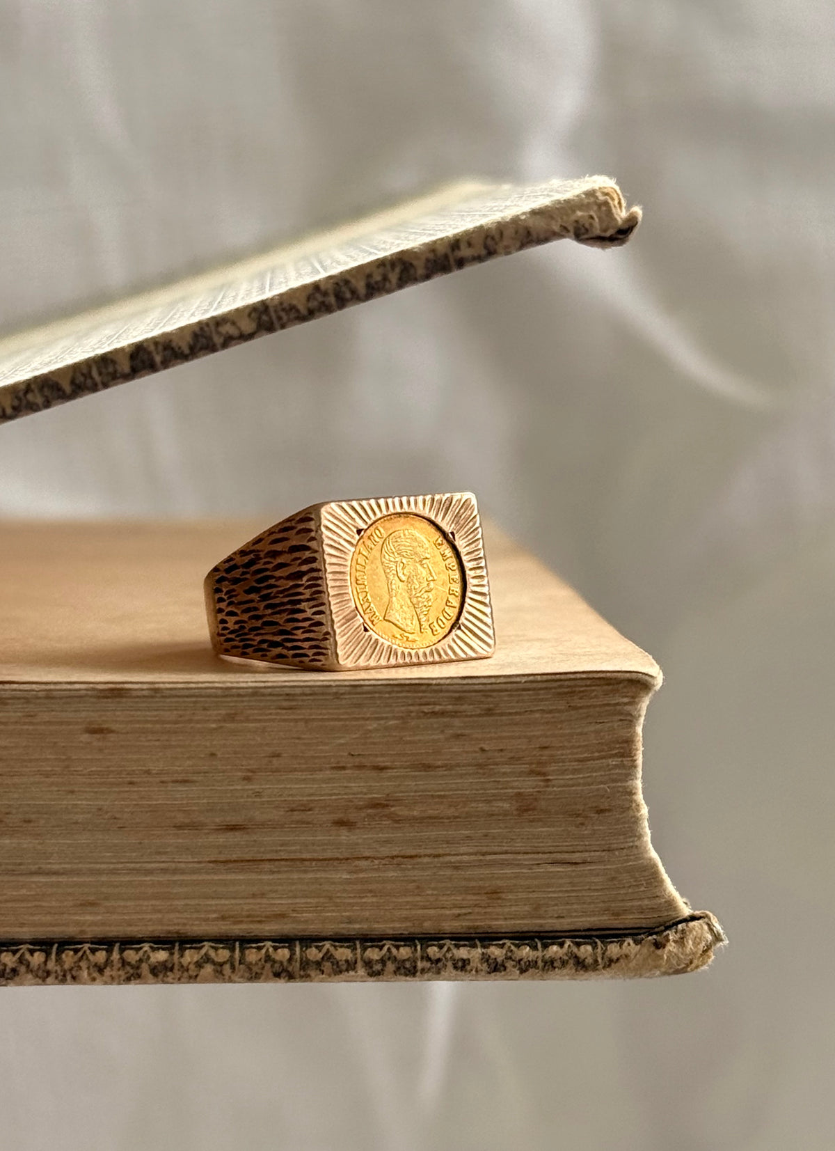 .1960s circa .1865 .375 .9ct gold modernist coin token ring with 22k Mexican circa 1865 high carat gold Emperor Maximiliano collectors coin token
