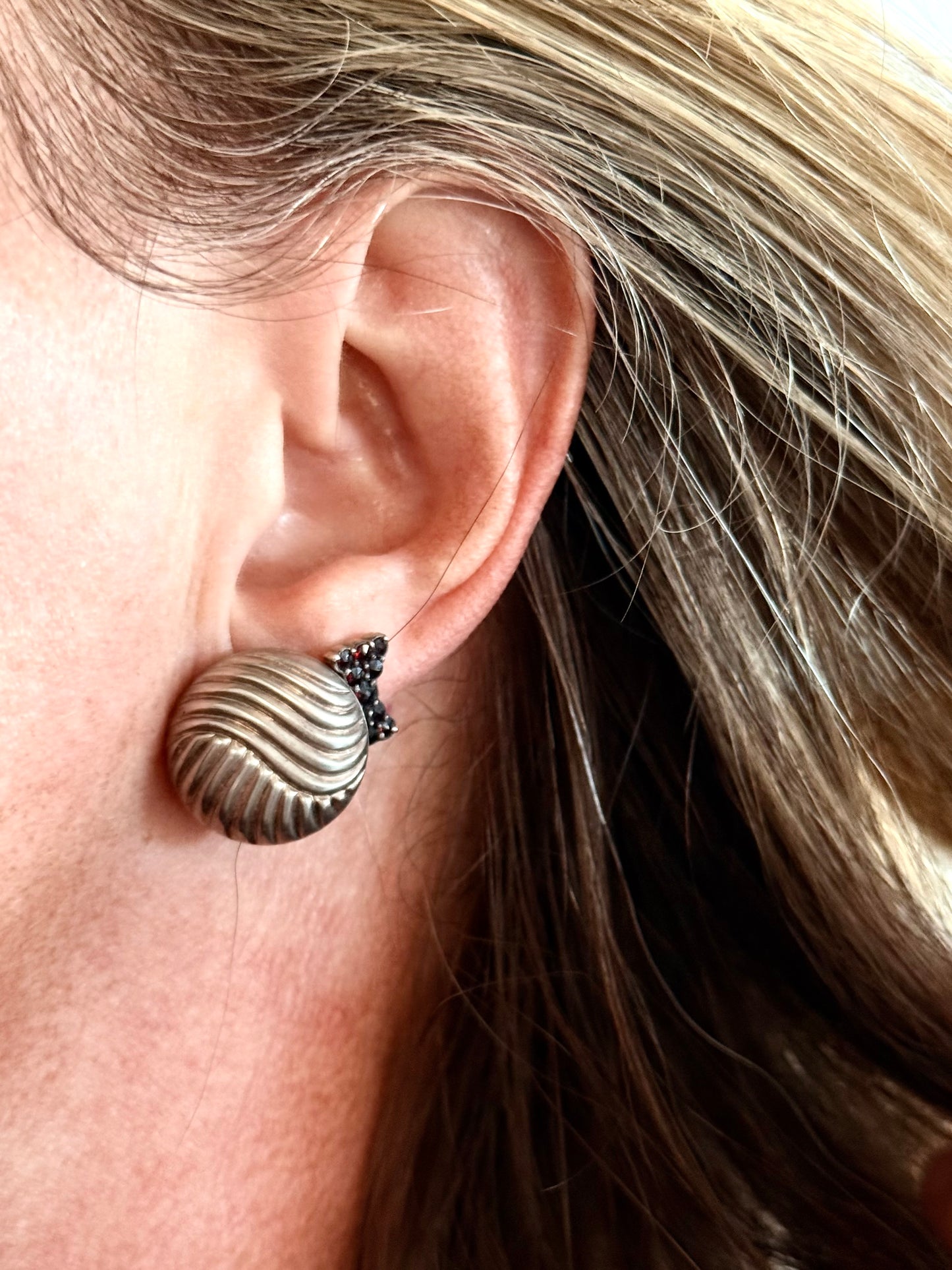 .18mm .1970s .1980s geometric textured .925 silver oversized circle retro sterling silver swirled pattern half round hollow post stud comfort fit statement earrings