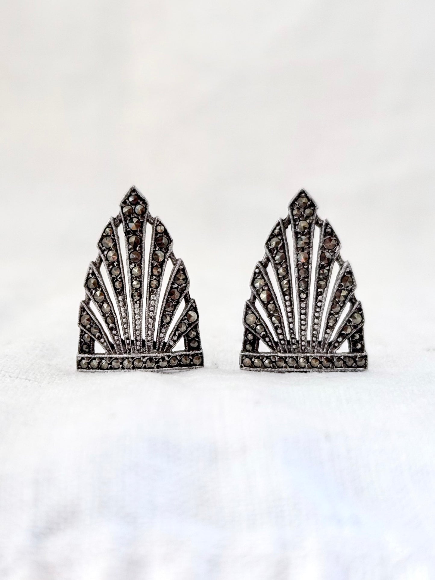 .1920s .1930s .925 antique Art Deco fine sterling silver Marcasite Duette double Dress clip Brooch Pin