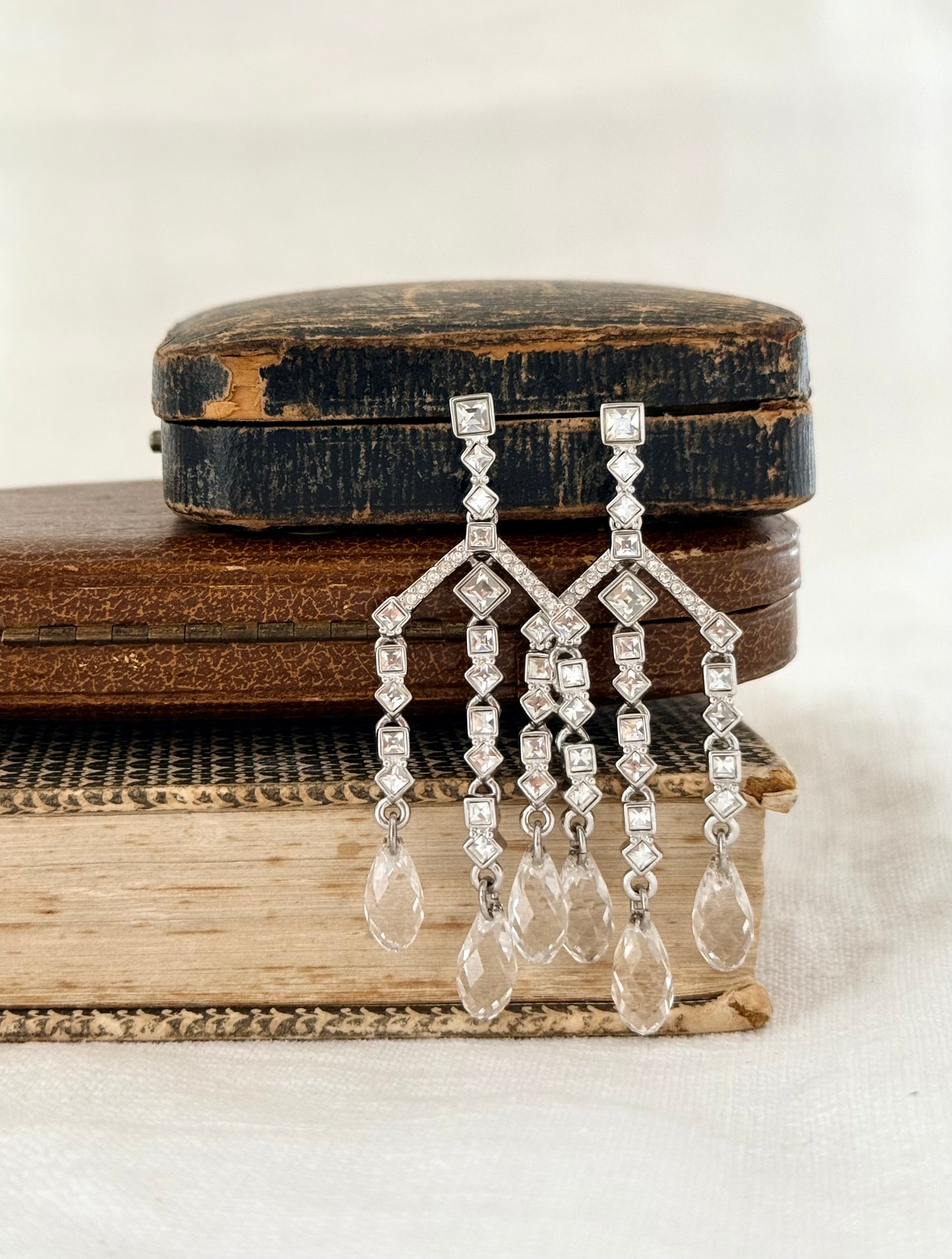 .1900s Art Deco Edwardian revival Swarovski designer crystal and rhinestone diamanté chandelier drop dangle earrings