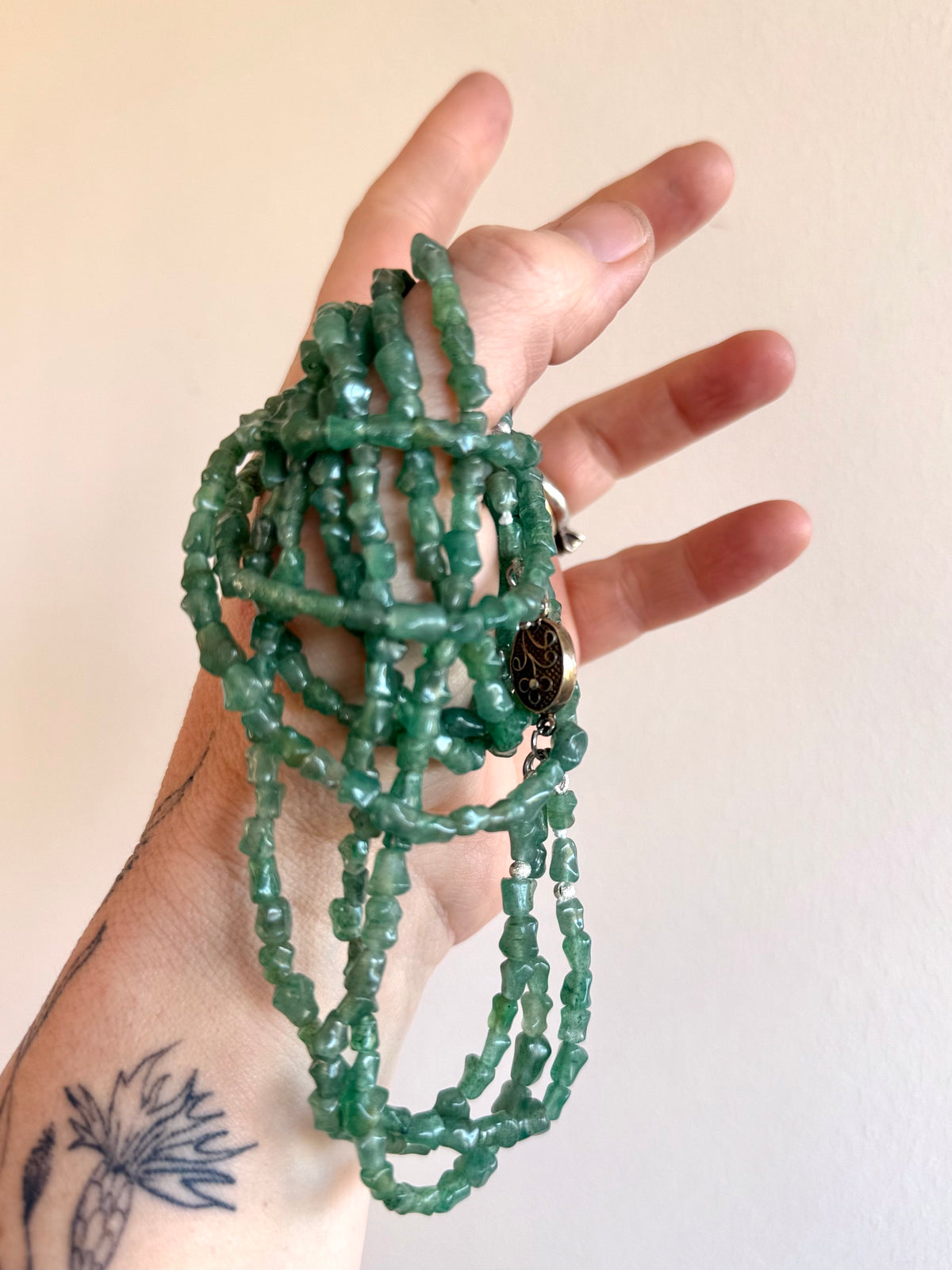 .1920s .1930s .1940s Chinese Aventurine “old Jade” Multi strand hand carved silver bamboo link export silver box clasp collectors necklace