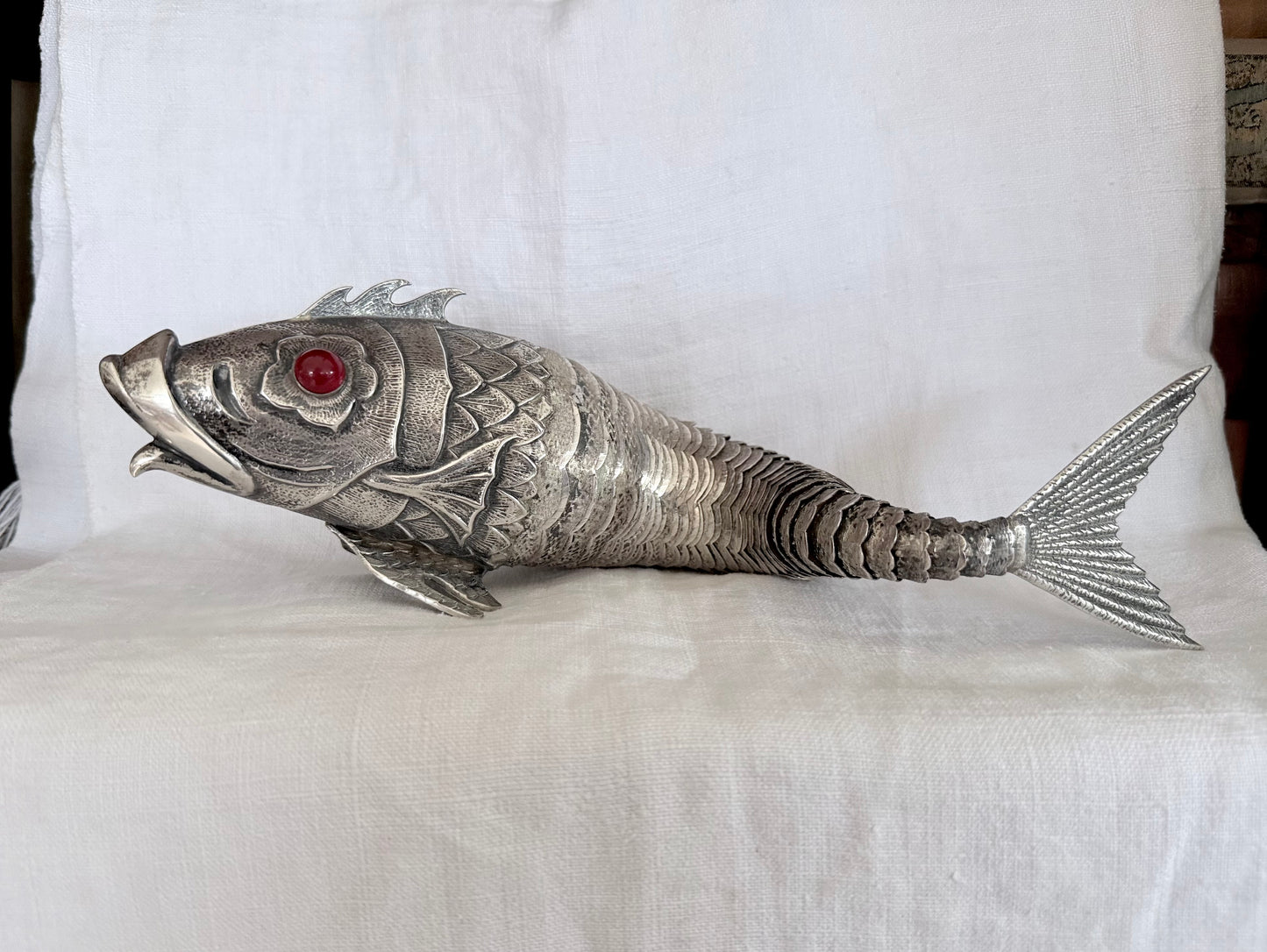 .1940s .915 articulated life sized hand made solid Spanish silver Large and magnificent artisan made Carb Fish rare treasured silver figural art statue