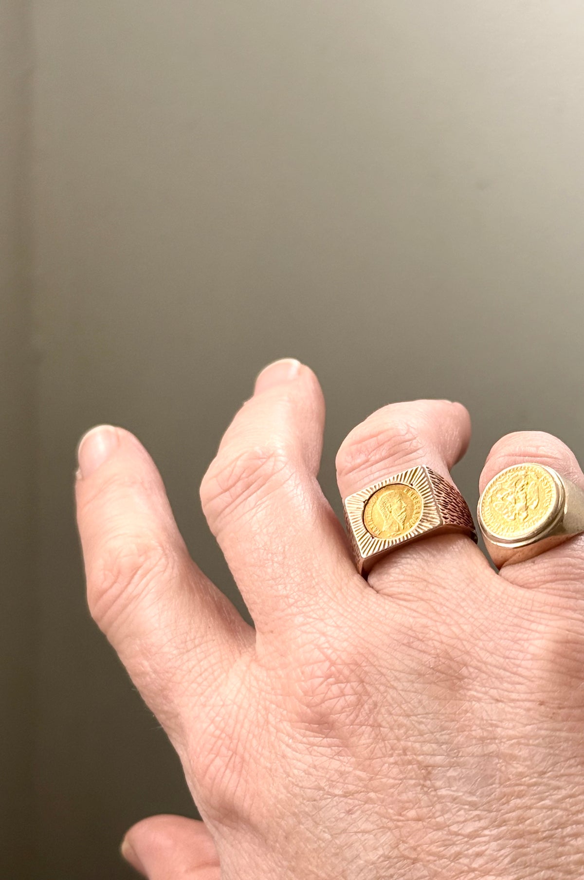 .1960s circa .1865 .375 .9ct gold modernist coin token ring with 22k Mexican circa 1865 high carat gold Emperor Maximiliano collectors coin token