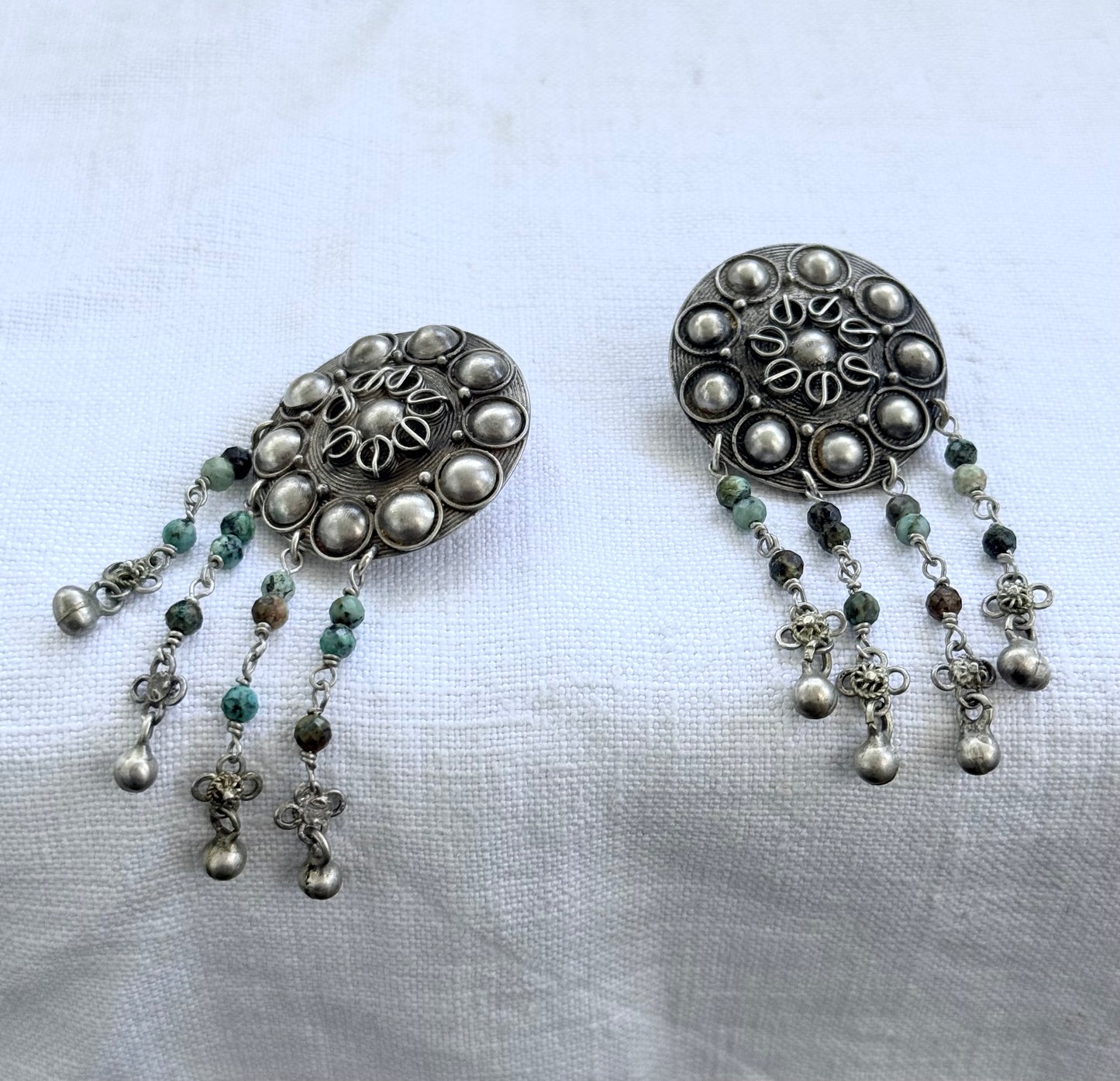 .925 HelenSilverSmit artisan made African Turquoise Tribal shield fringe dangle gemstone earrings