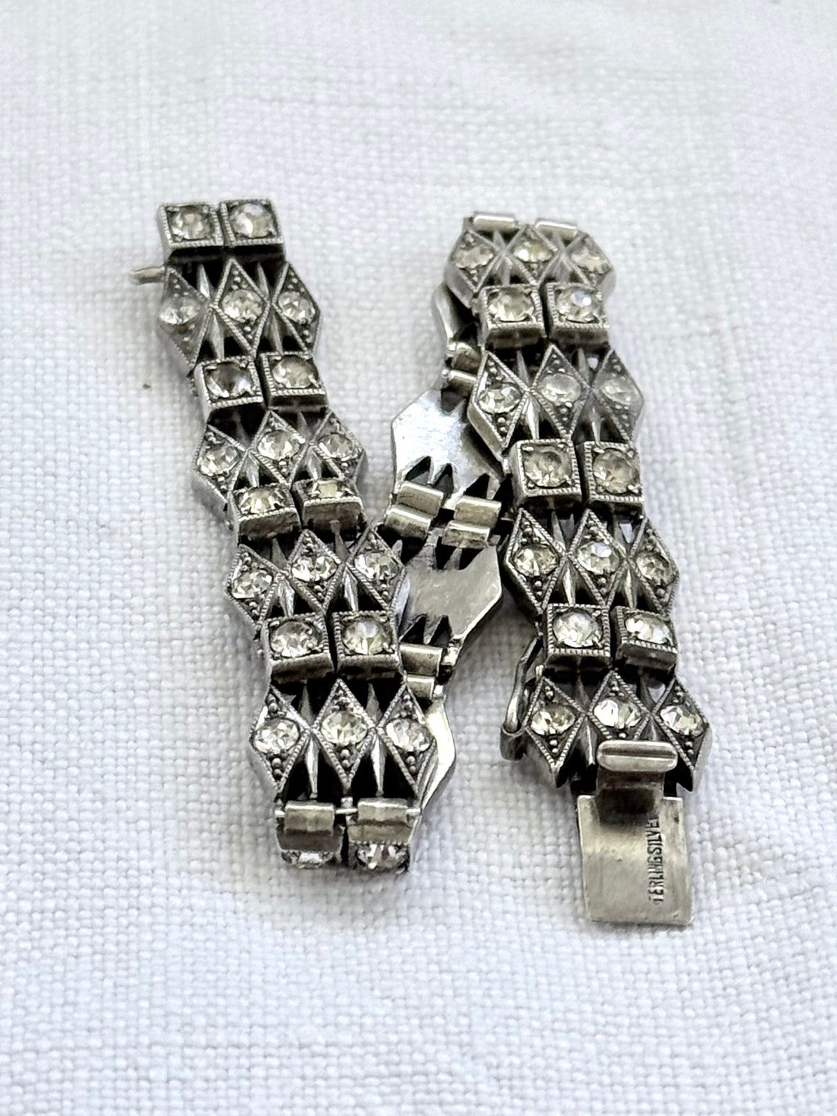 .1930s .1940s .925 Art Deco style diamond paste stone triple fancy link tennis style sterling silver tennis clasp bracelet
