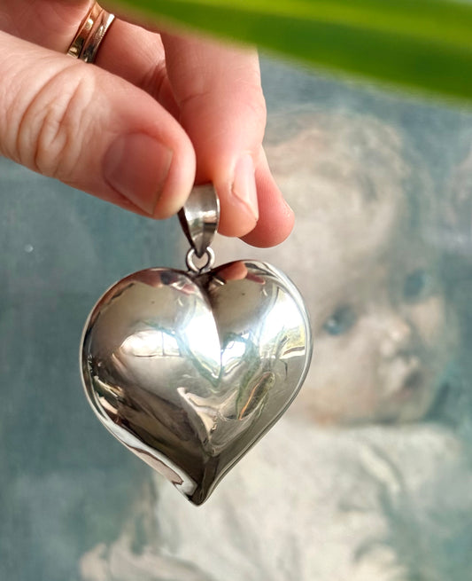 .1970s .925 Large Oversized puffy sterling silver romantic heart super sized love token pendant