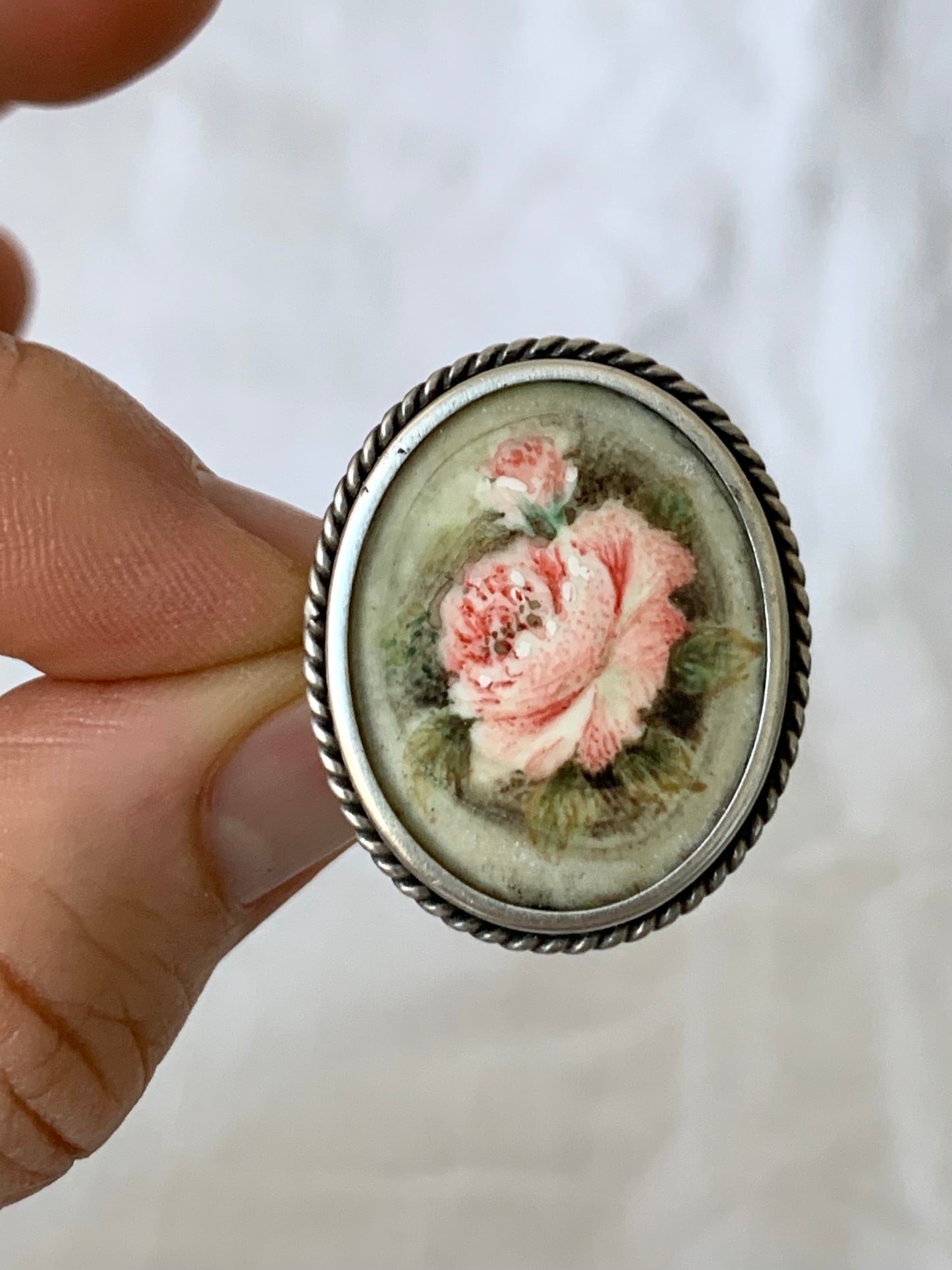 .1940s .800 artisan hand painted miniature Rose flower bloom Italian silver brooch pendant