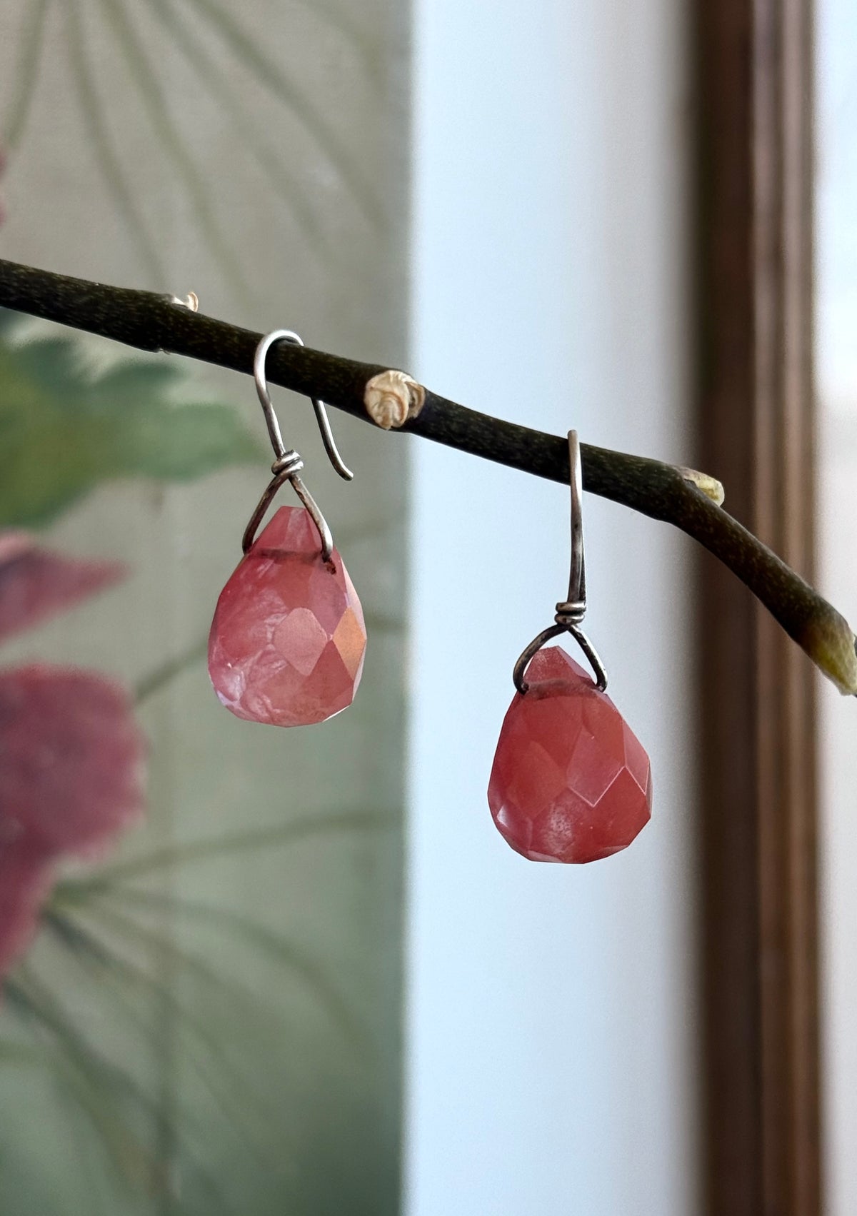 .925 Cherry Quartz gemstone Briolette teardrop silver artisan made boho drop dangle earrings