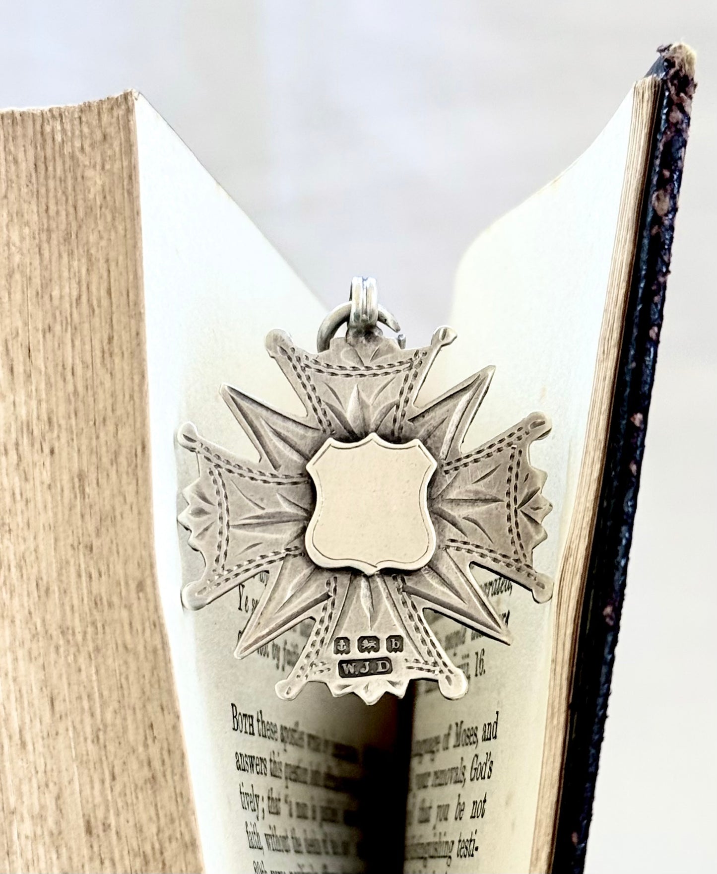 .1901 .925 antique Maltese Cross form Birmingham hallmarked English solid silver hand engraved fob medallion pendant