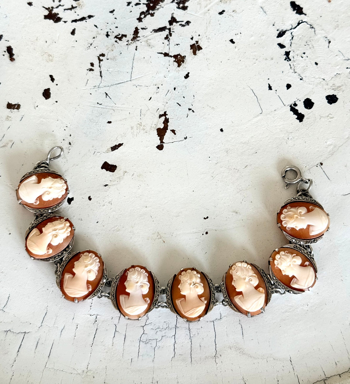 .1930s .1940s .925 artisan made fine multi cameo hand carved panel link collector fine silver bracelet