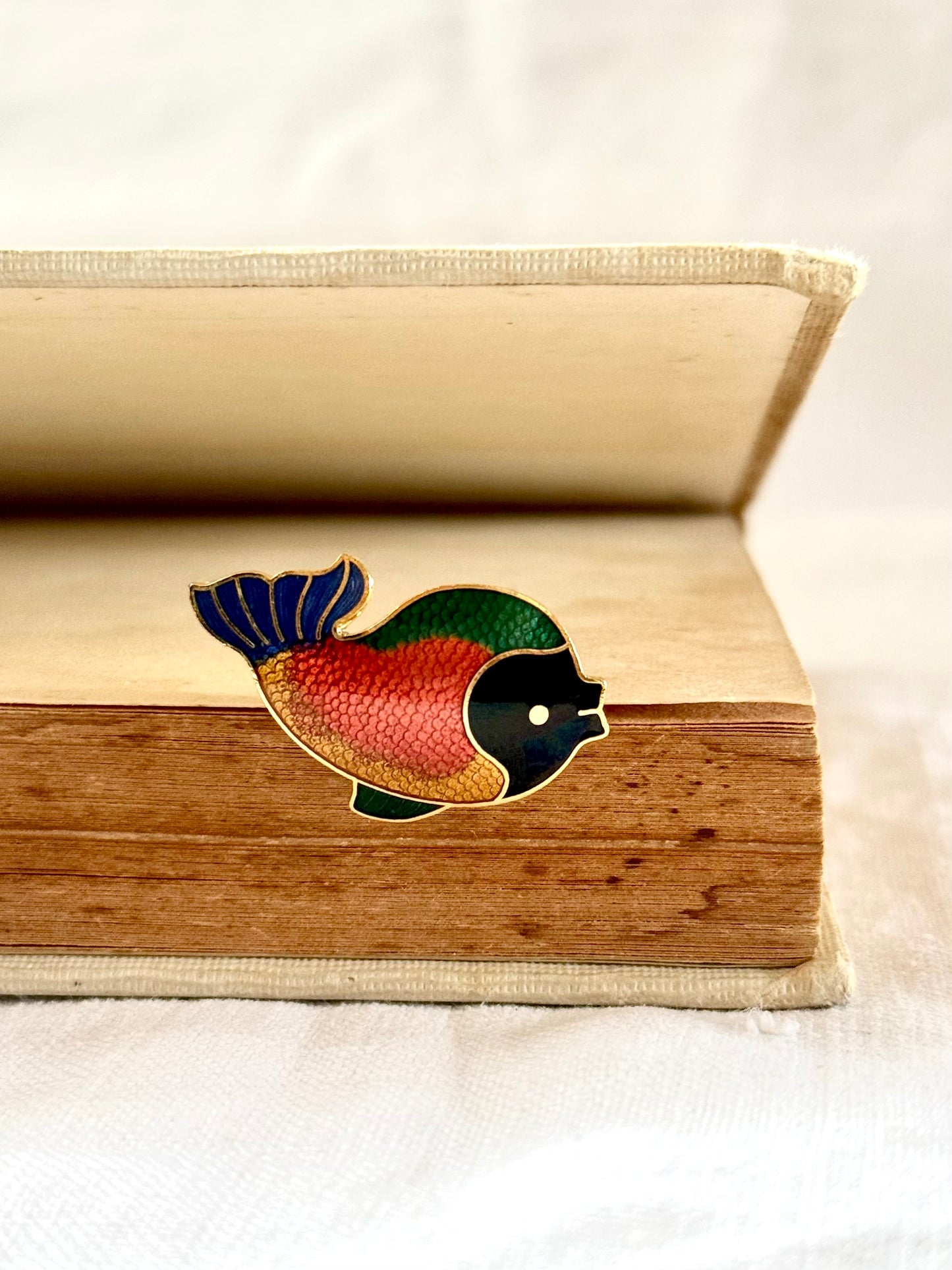 .1970s vintage Black Face colourful enamel fish quirky gold tone bright enamel fun fish costume brooch