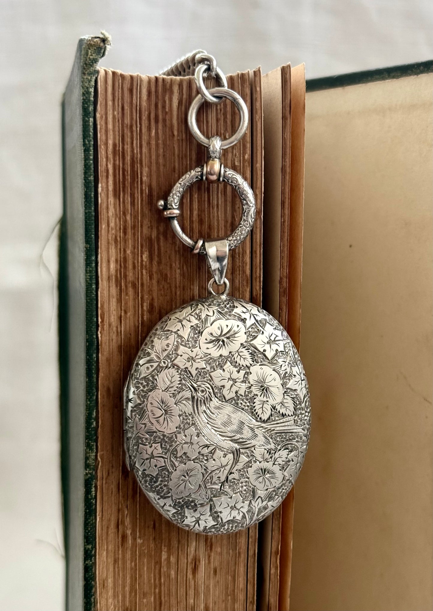 .1880s .1890s .925 large Victorian Aesthetic deep engraved Swallow and floral detailed antique French sterling silver locket