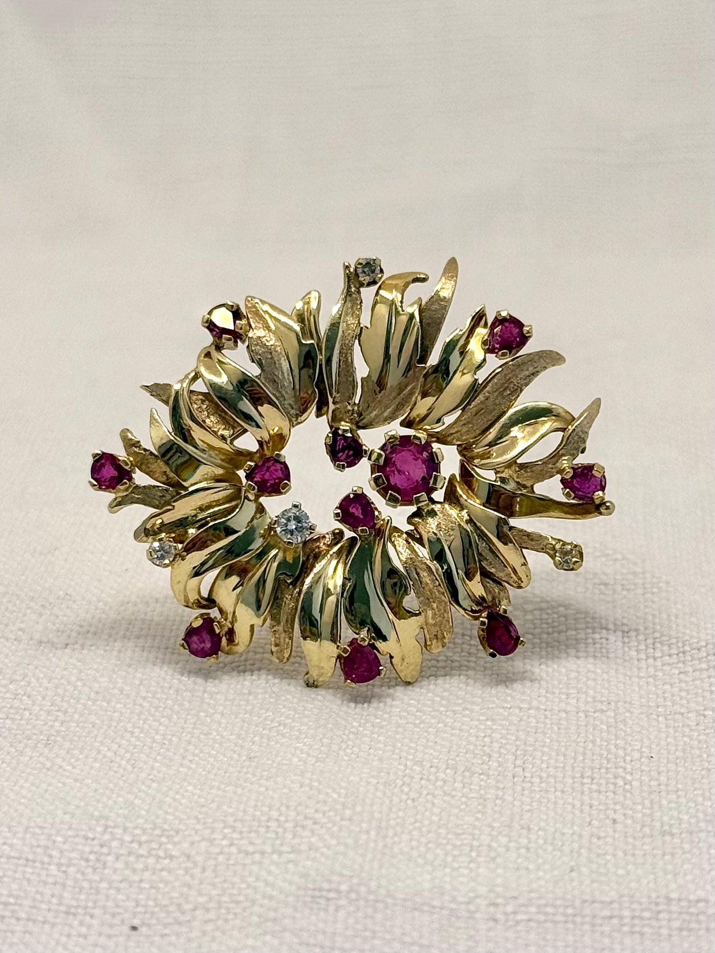 .1960s .1970s .375 gold modernist Diamond and Ruby gemstone heirloom Edelweiss flower spray brooch pin