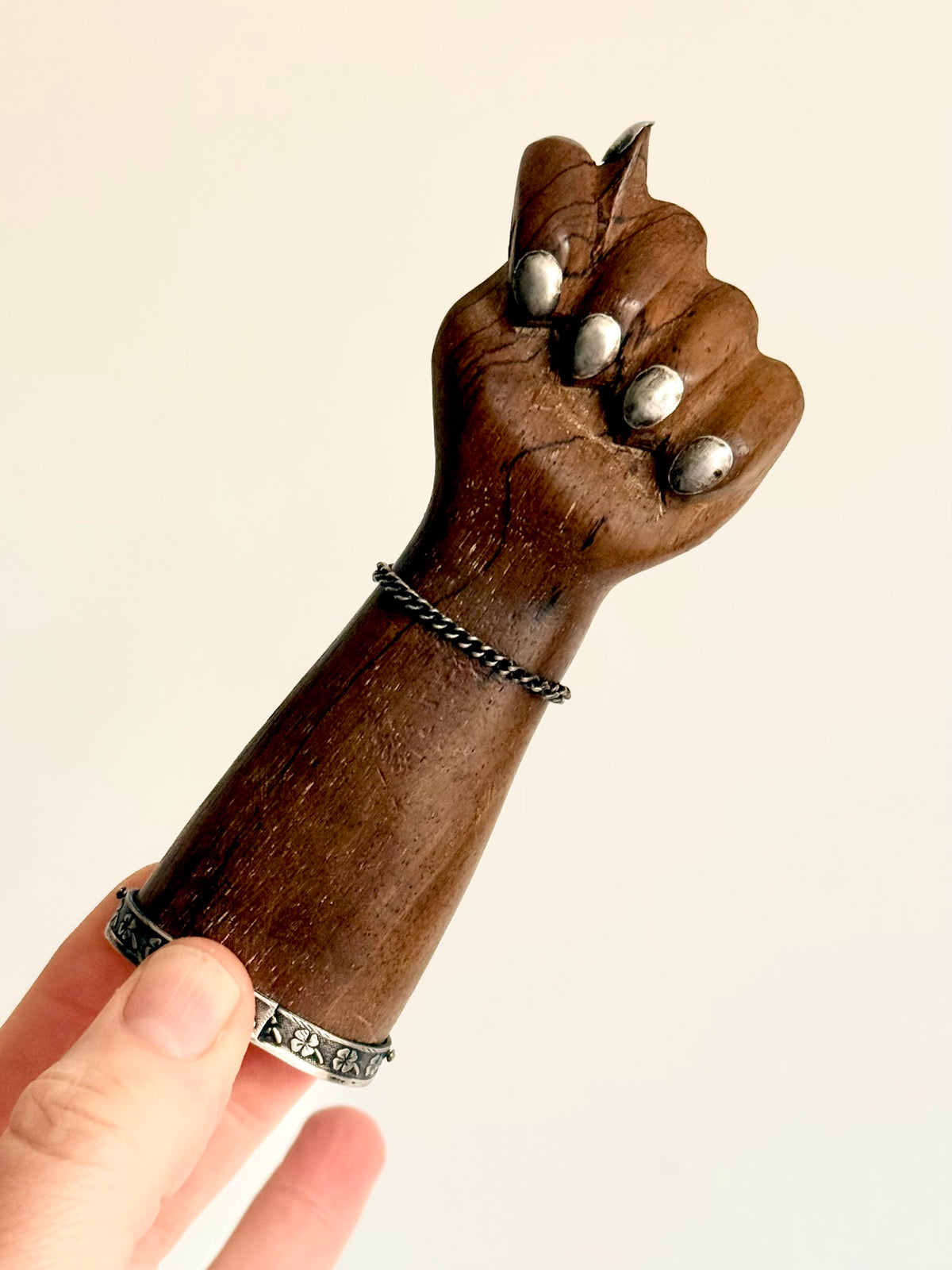.1950s .900 Brazilian silver hand sculpted large artisan made wooden figa fist lucky token good luck talisman statue