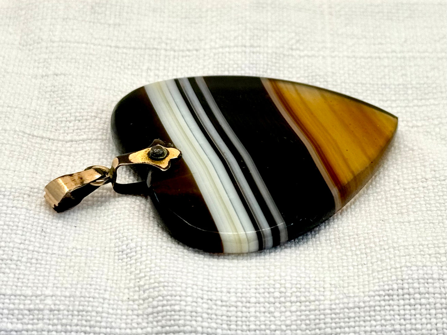 .1920s Art Deco banded agate oversized Victorian revival Irish made heart semi precious gemstone love token symbol pendant