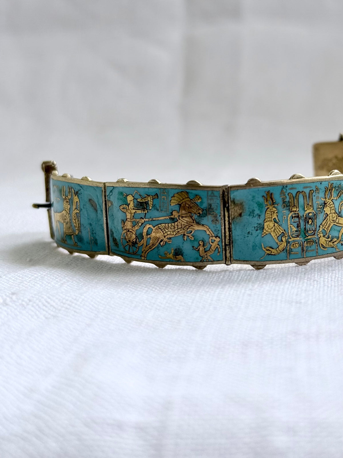 .1920s .935 Egyptian silver rare desired Egyptian revival gold gilded turquoise enamel 6 panel pictorial Pharaoh Egyptology enamel silver gold bracelet