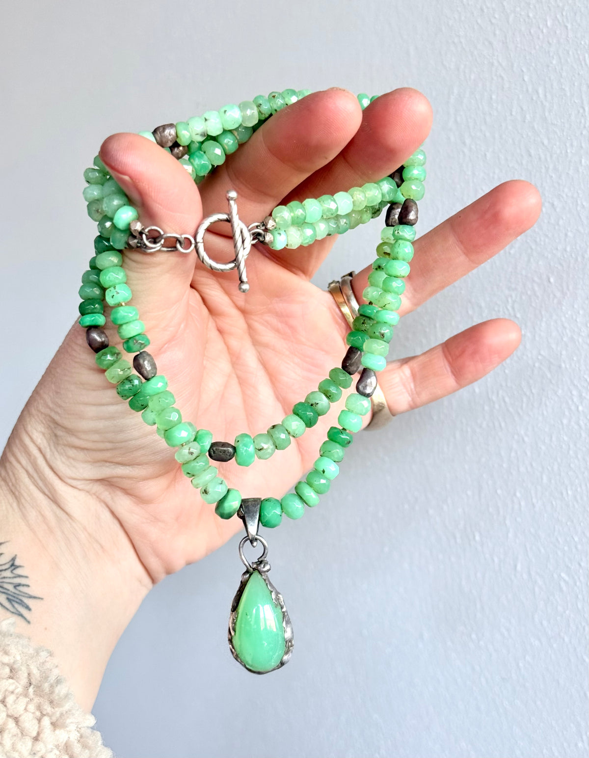 .925 boho Chrysoprase green hand faceted double gemstone necklace