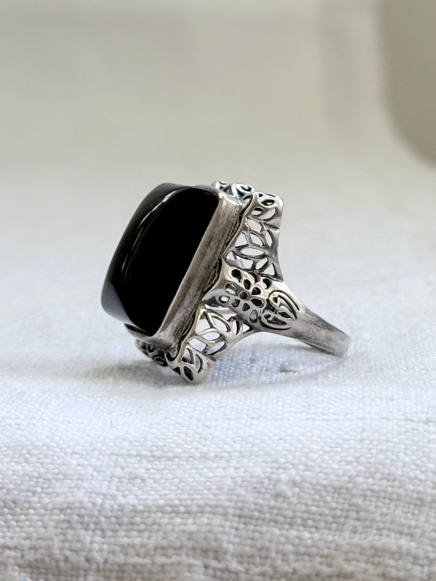 .925 artisan made large black Onyx cushion cut gemstone sterling silver lace cut statement dress cocktail ring