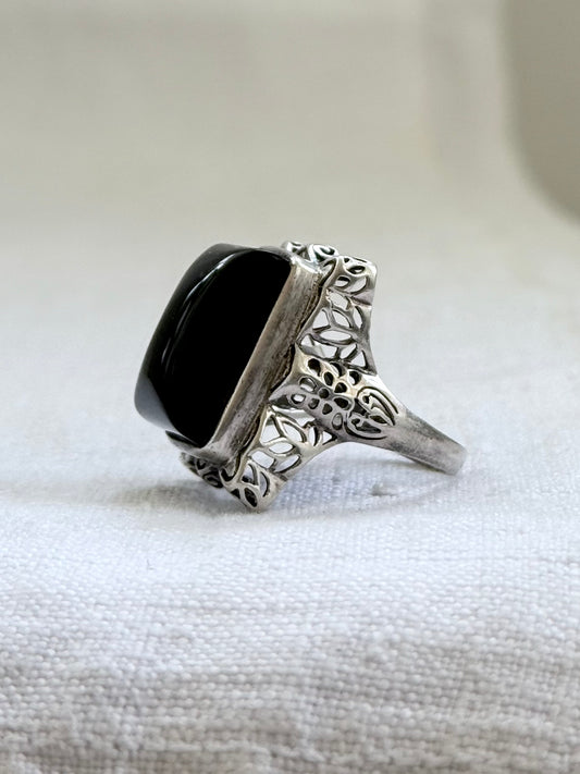 .925 artisan made large black Onyx cushion cut gemstone sterling silver lace cut statement dress cocktail ring
