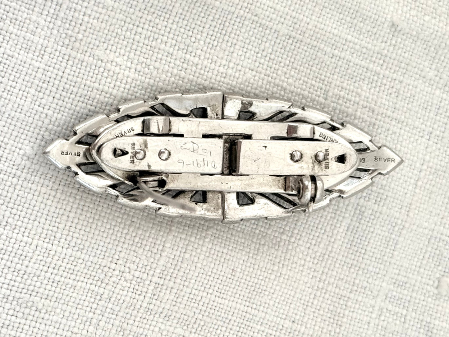 .1920s .1930s .925 antique Art Deco fine sterling silver Marcasite Duette double Dress clip Brooch Pin