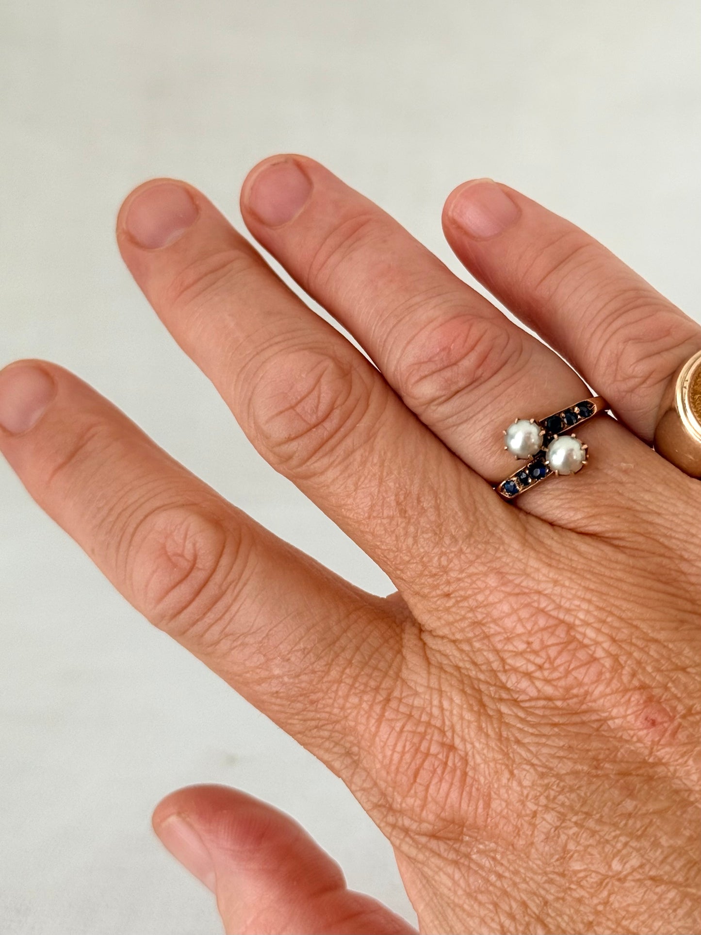 .14ct .1880s .1900s .585 gold antique Victorian Edwardian treasure Toi et Moi double pearl and sapphire bypass sweetheart commitment ring