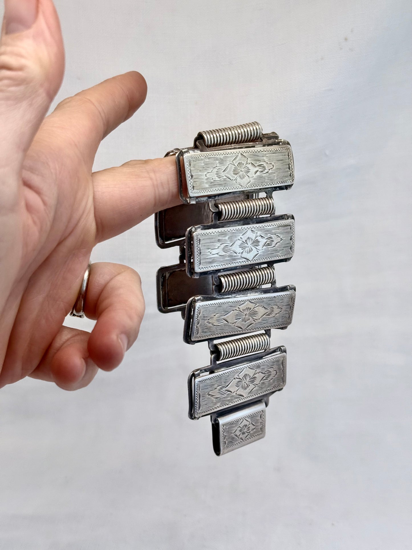 .1880s .1890s .925 Aesthetic Victorian era wide link and solid silver etched panel bracelet